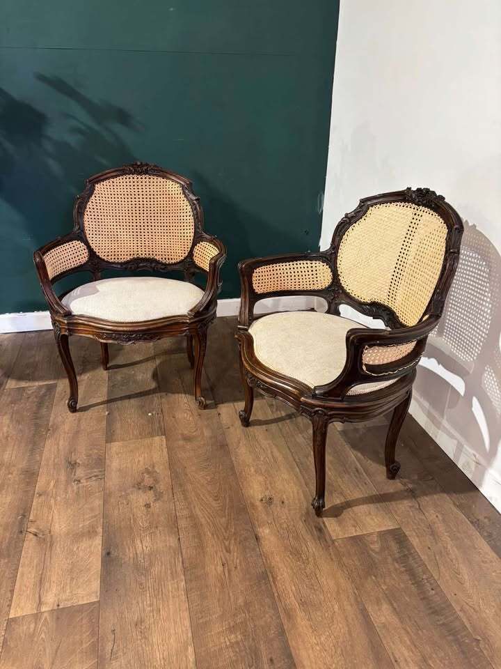 photo furniture Pair Of French Louis XV Style Walnut Bergere Elbow Chairs