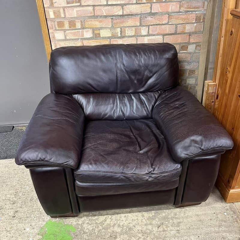 Pair Matching Large Leather Armchairs Dark Chocolate Colour Wide Arms Preloved