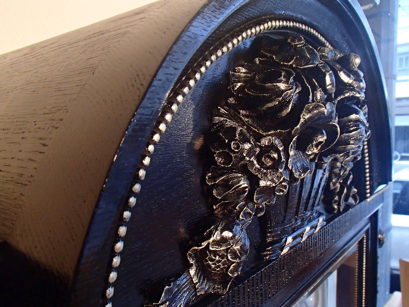 1880s Black Oak Cabinet With Carved Ornaments Original Silver Chrome Mirror photo for sale