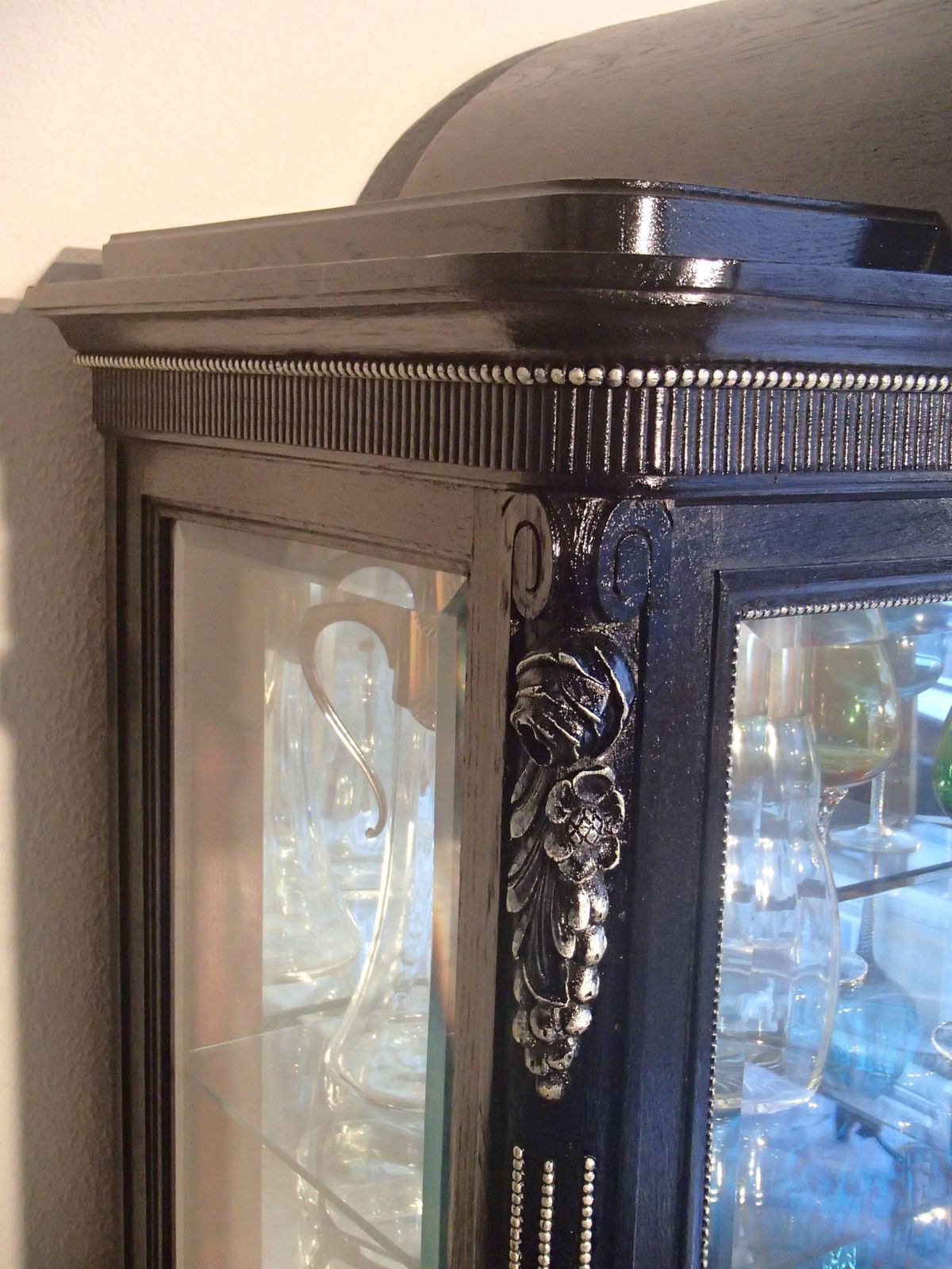photo furniture 1880s Black Oak Cabinet With Carved Ornaments Original Silver Chrome Mirror