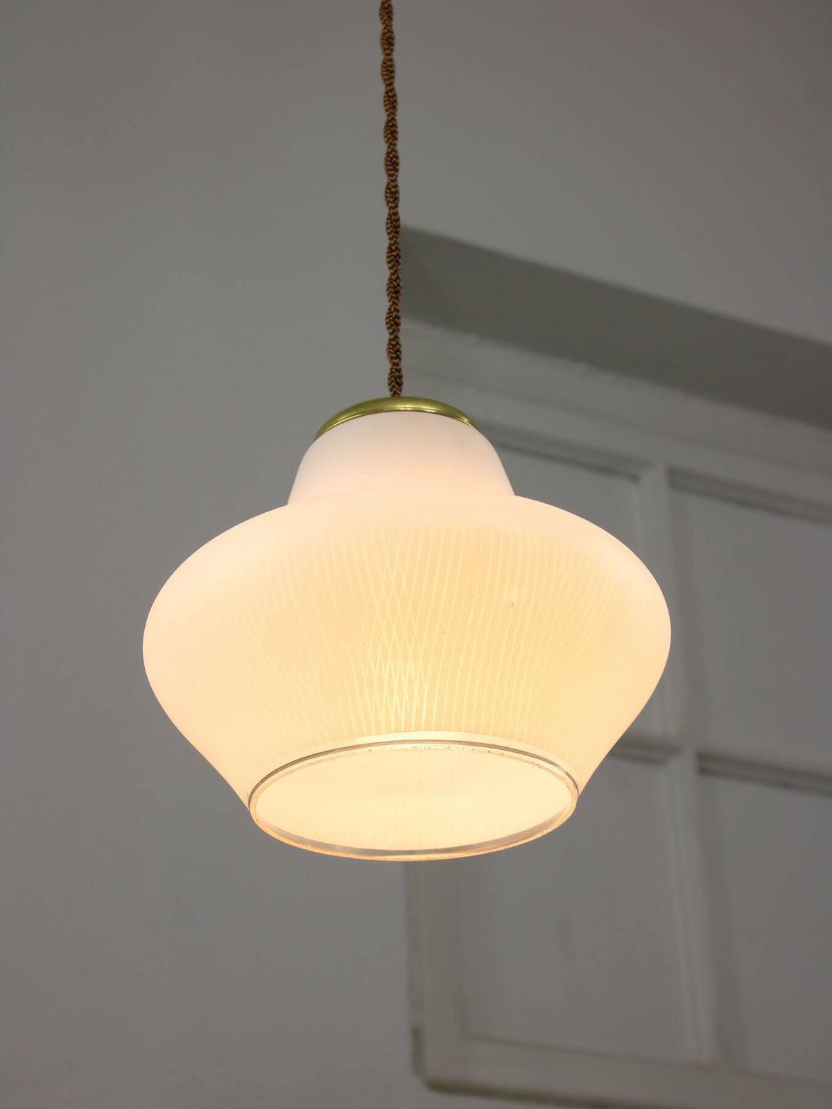 Small Italian Mid Century Pendant Lamp In Brass And Opaline Glass photo buy