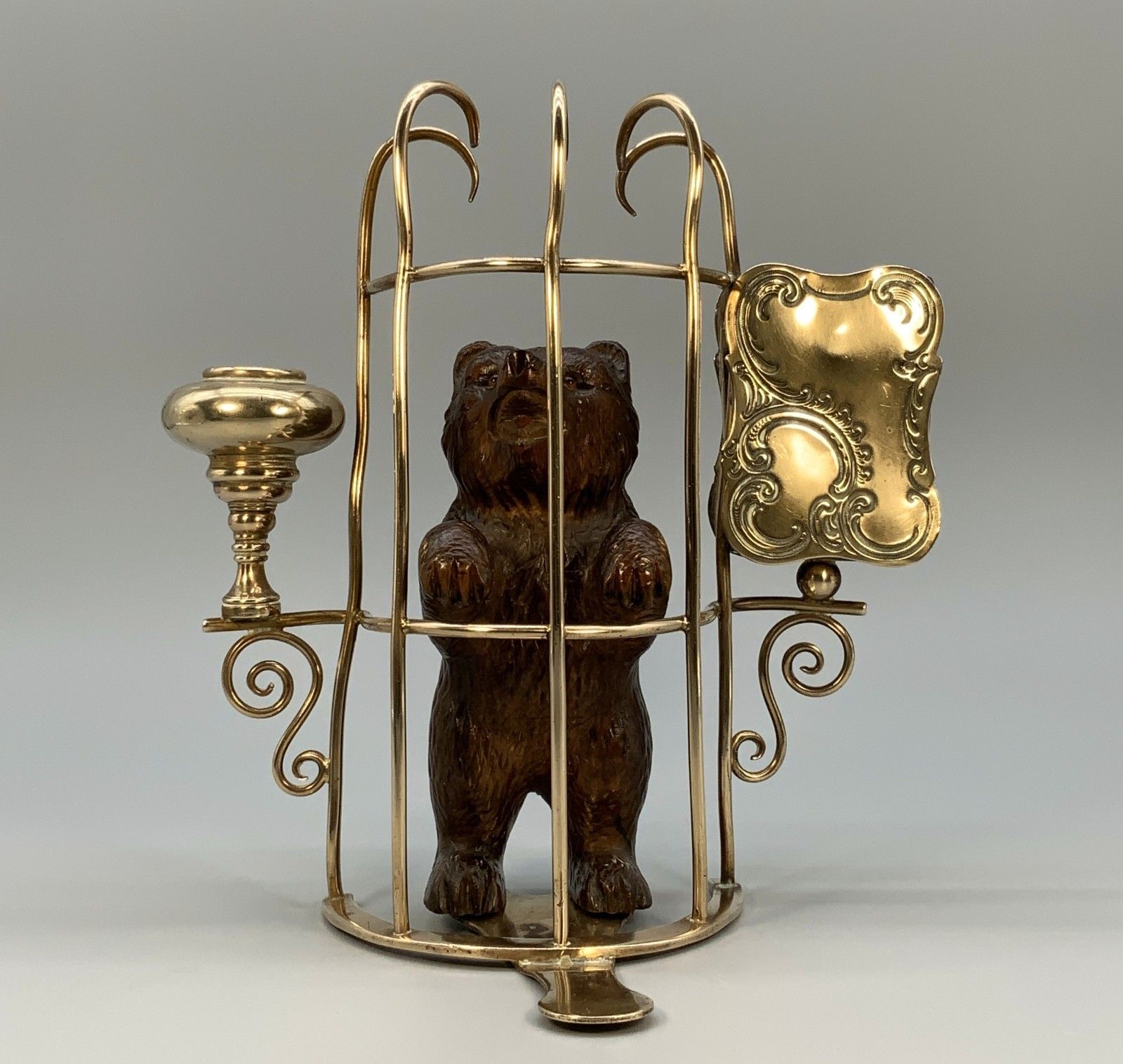 Rare 19thc Carved Black Forest Bear Novelty Desk Top Candle + Matchstick Holder