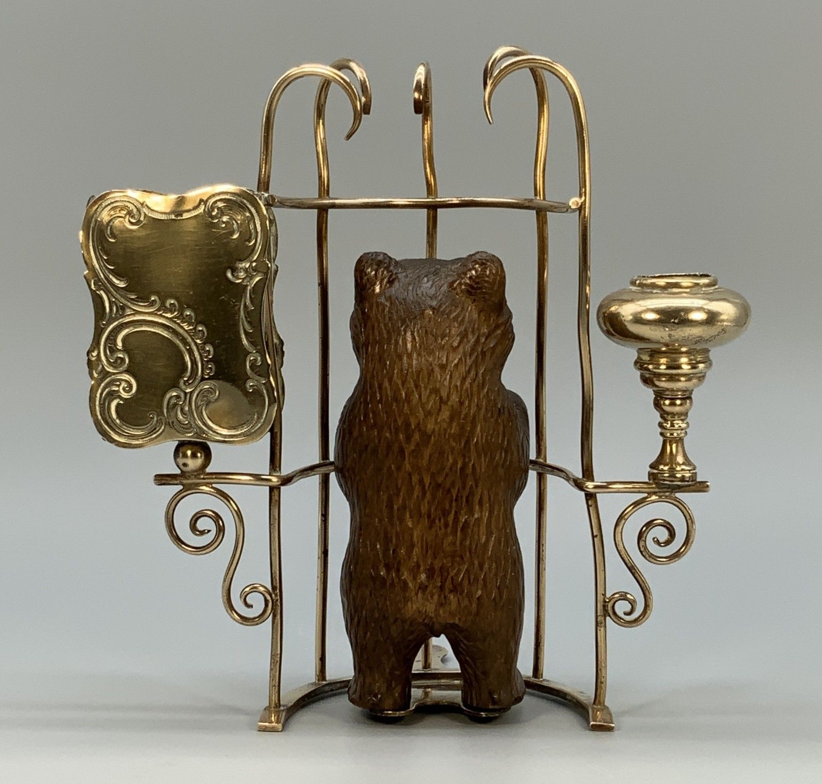 Rare 19thc Carved Black Forest Bear Novelty Desk Top Candle + Matchstick Holder photo vinterior