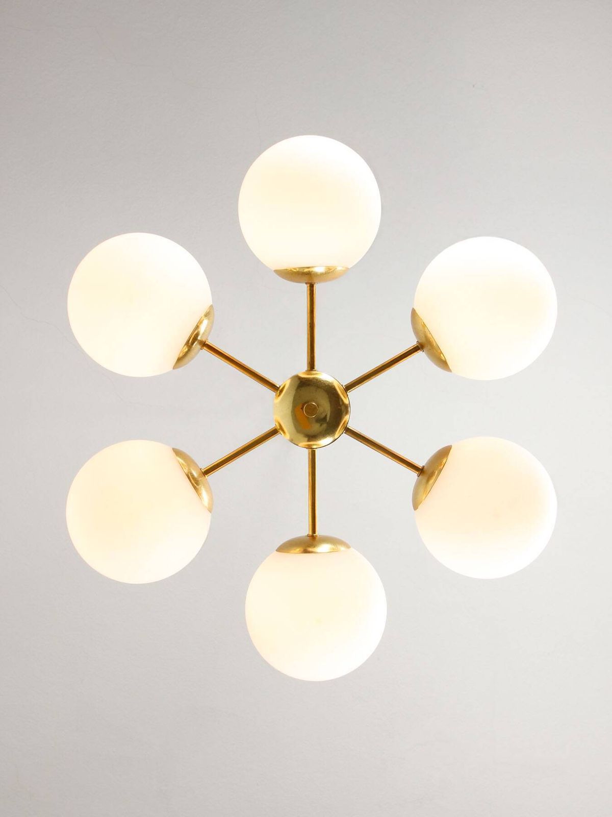 photo for sale Sputnik 6 Arm Chandelier In Mid Century Modern Italian Style With Opaline Shades, 19