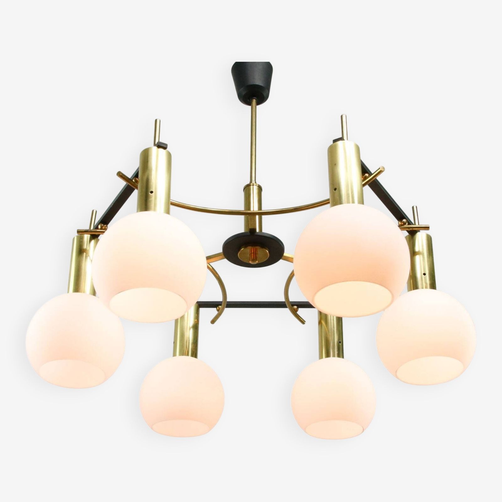 Mid Century Modern Italian Brass And Opaline Chandelier