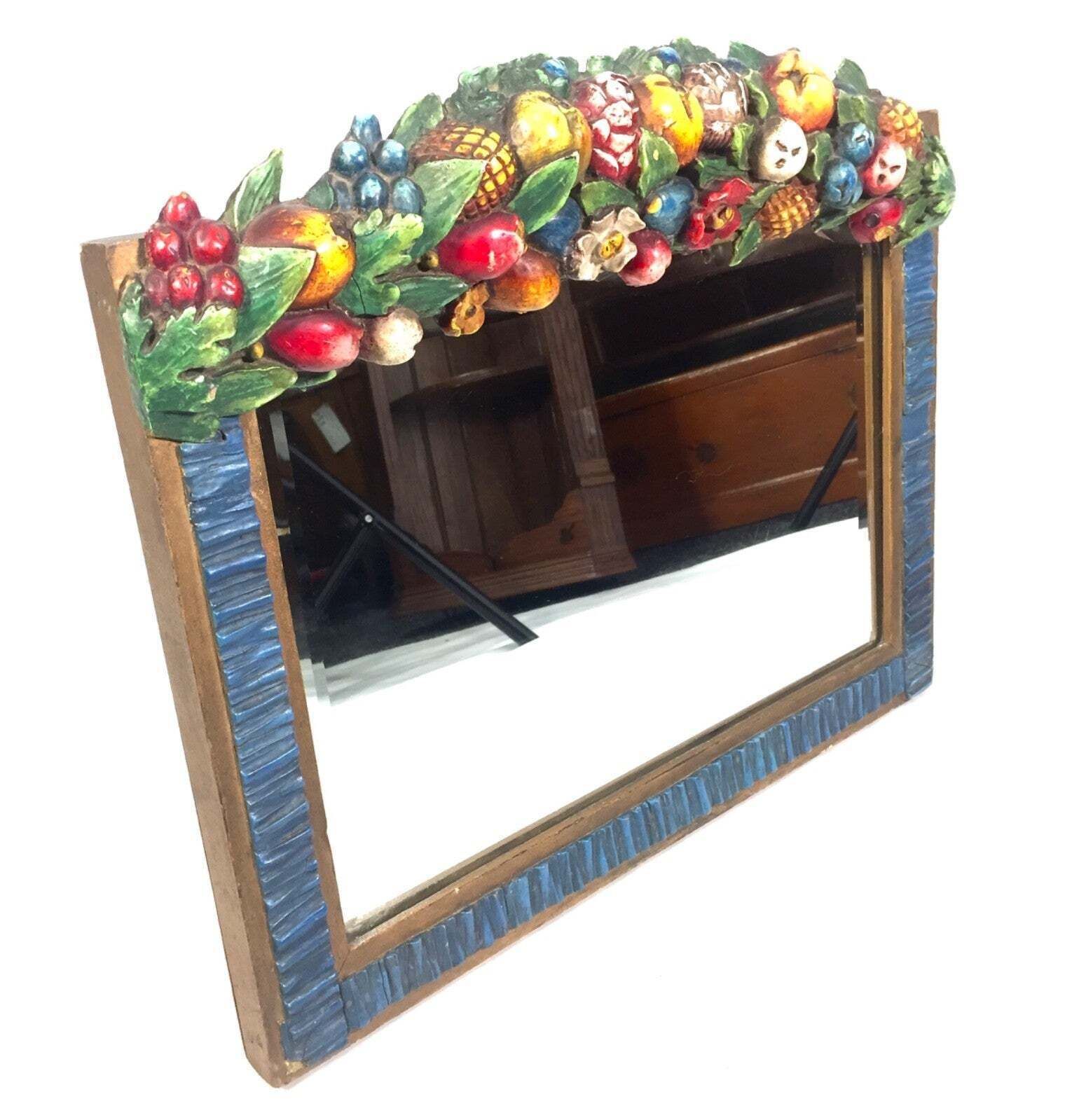 Antique Tabletop Mirror Barbola Decorative Style With Fruit & Flowers C.1930