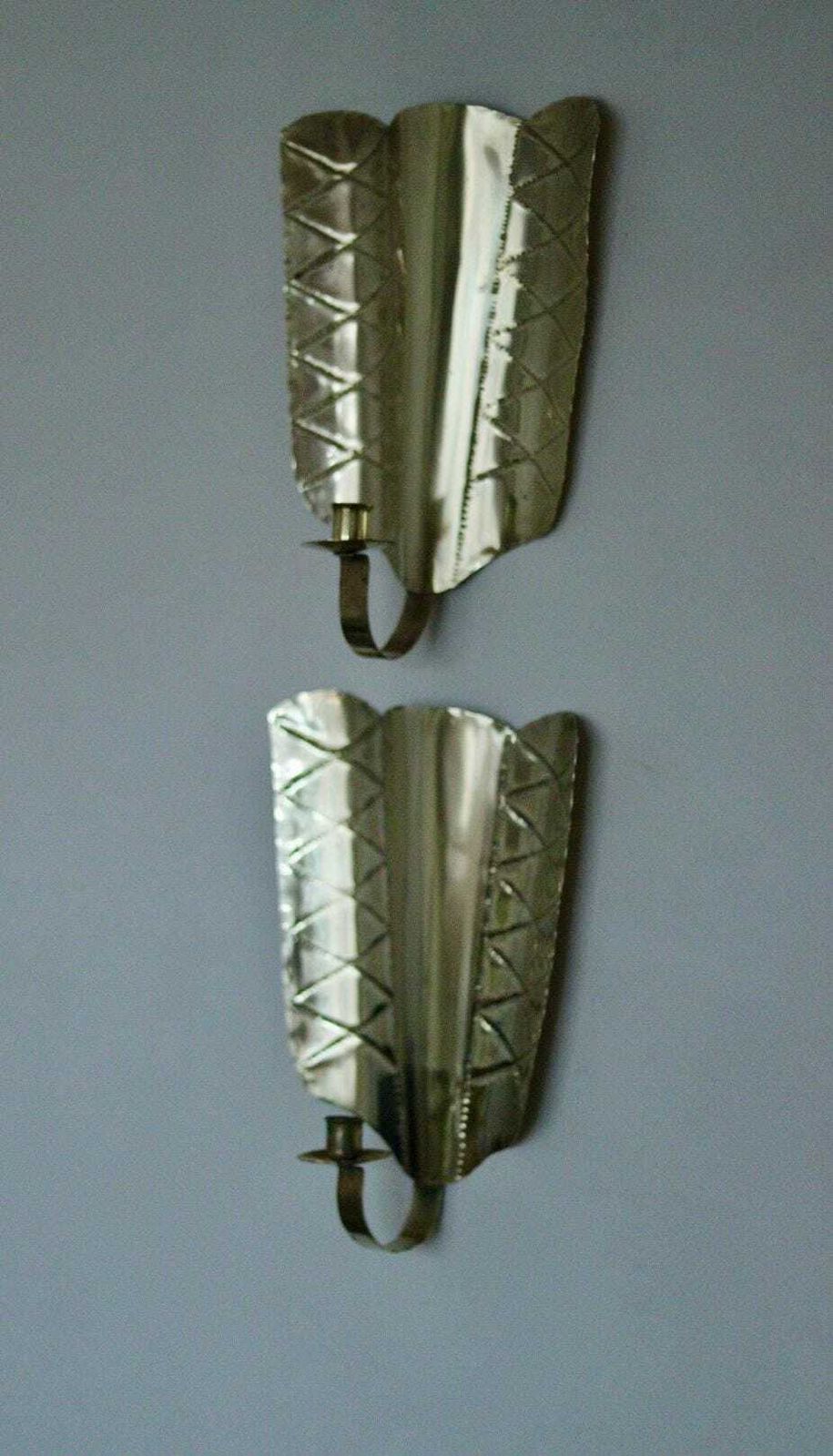 Pair Of Mid Century Swedish Brass Shield Shape Sconces photo furniture