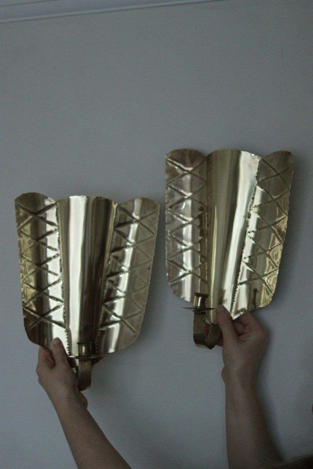 Pair Of Mid Century Swedish Brass Shield Shape Sconces photo vinterior