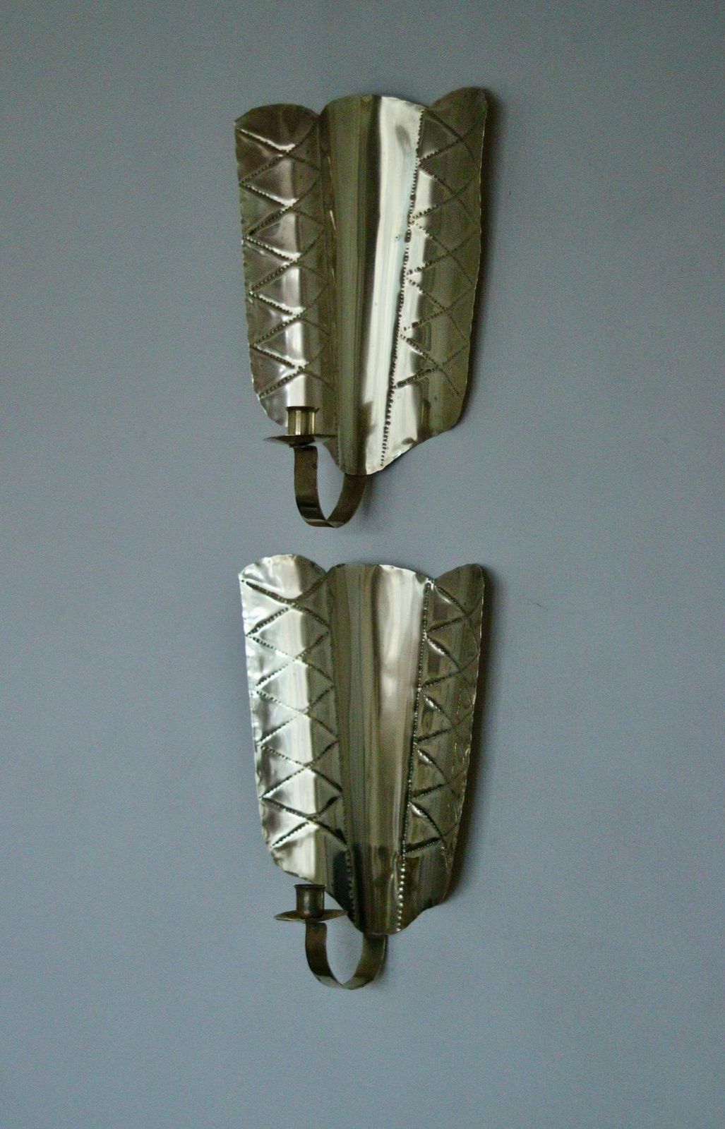 305.0 Pair Of Mid Century Swedish Brass Shield Shape Sconces photo