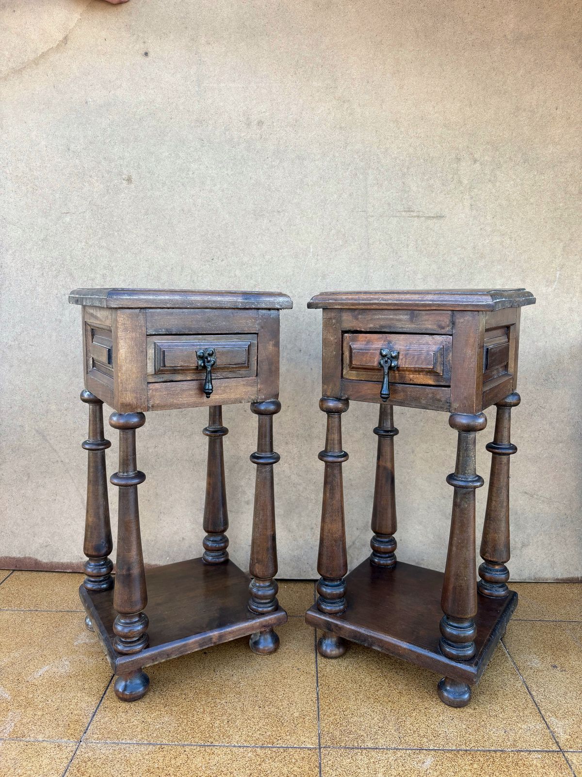 3400.0 Pair Of Spanish Baroque Revival Oak Pedestal Side Tables With Drawers, Circa 1920 photo