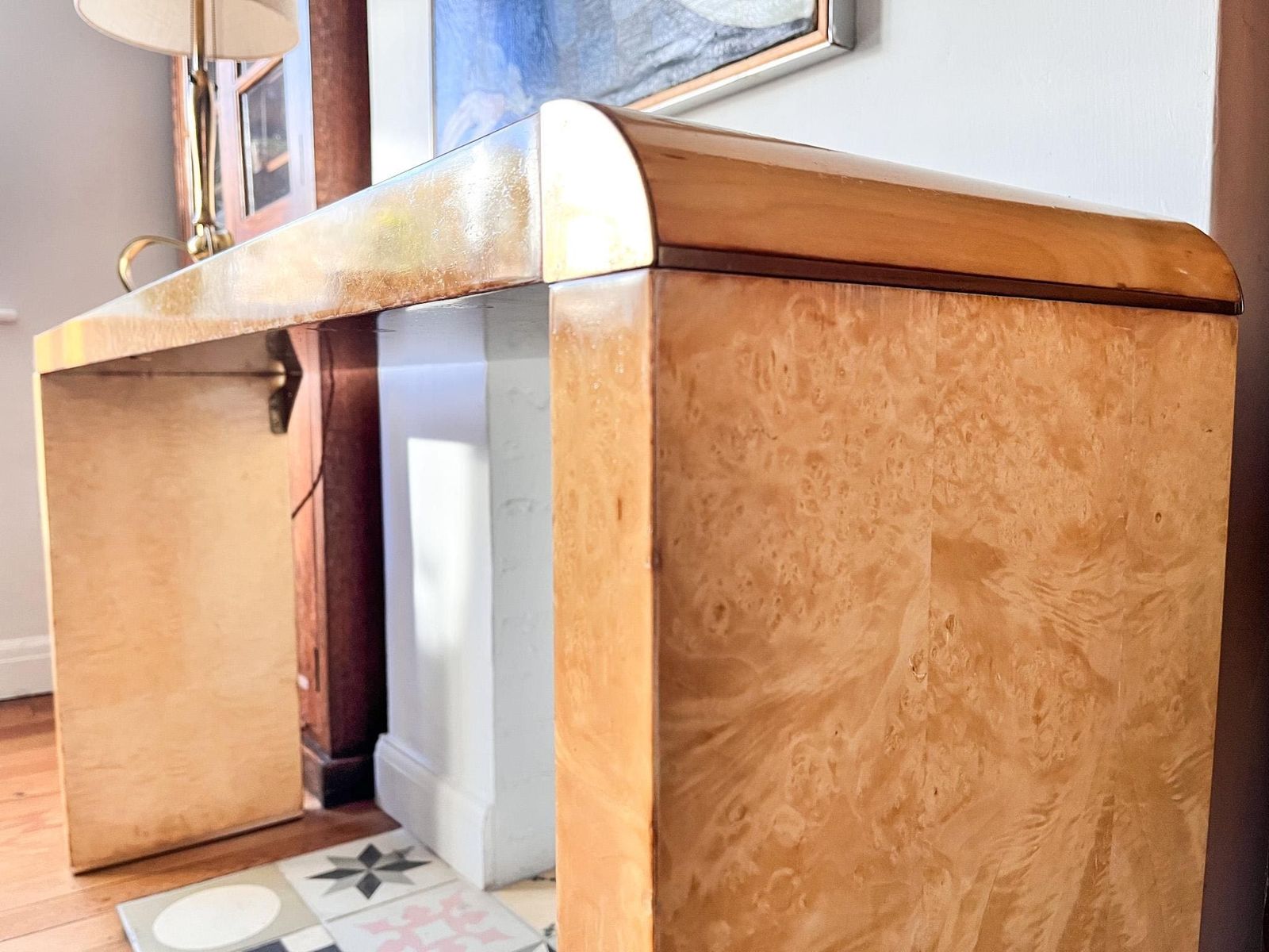 Italian Art Deco Style Burl Wood Console Table photo vinterior
