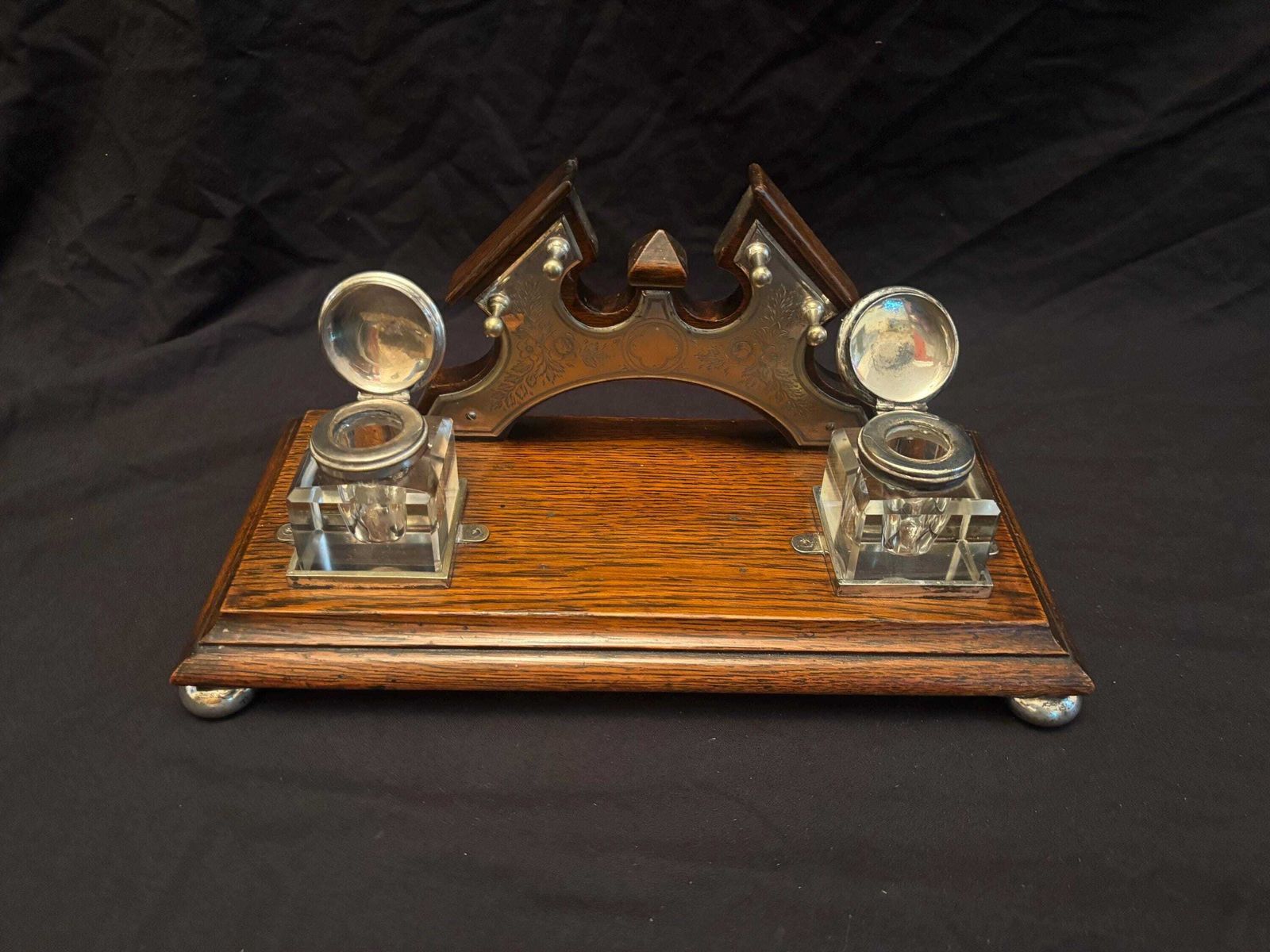 Antique Victorian Oak And Silver Plate Mounted Desk Stand Inkstand Inkwells photo for sale