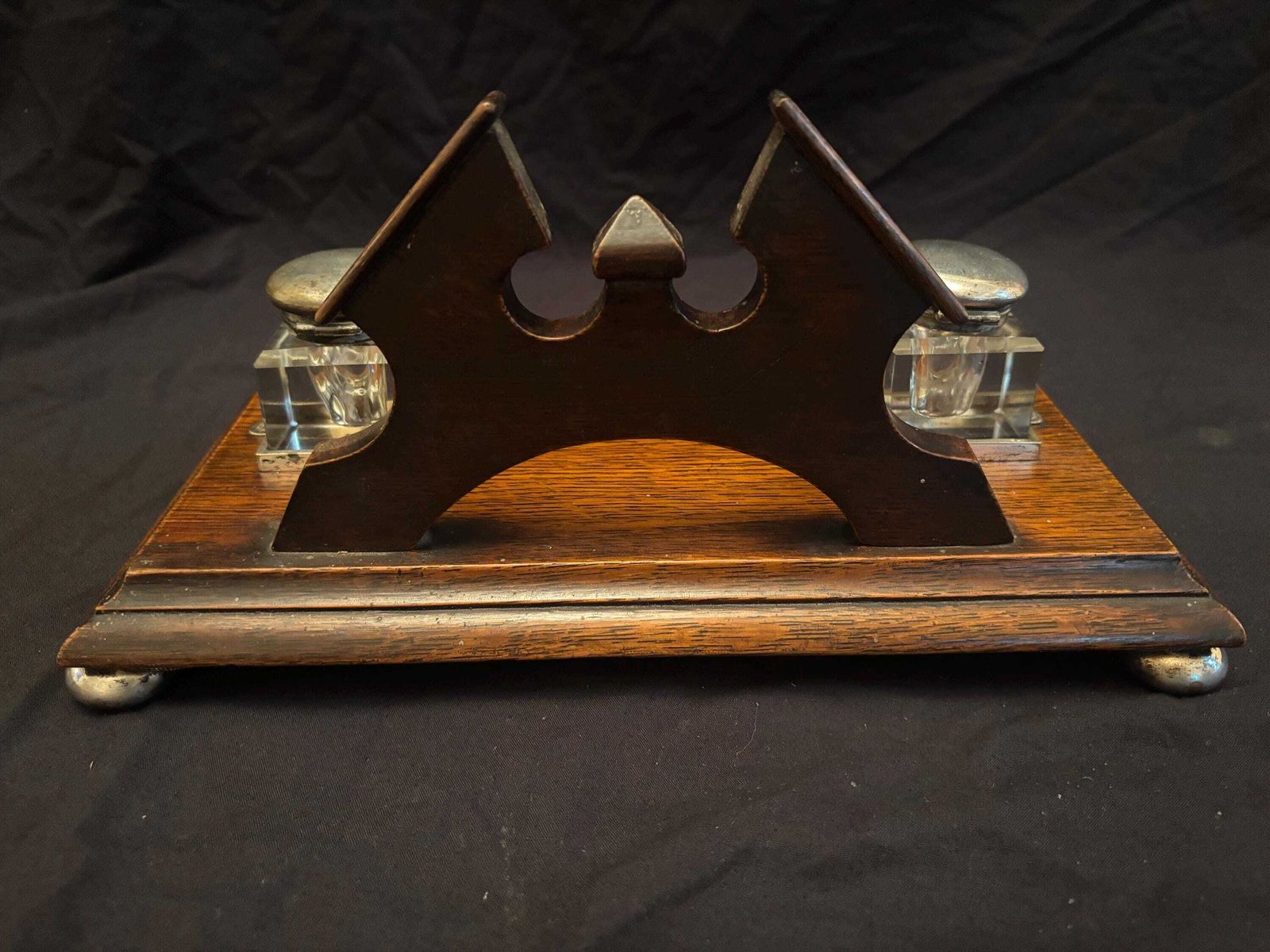 Antique Victorian Oak And Silver Plate Mounted Desk Stand Inkstand Inkwells photo vinterior