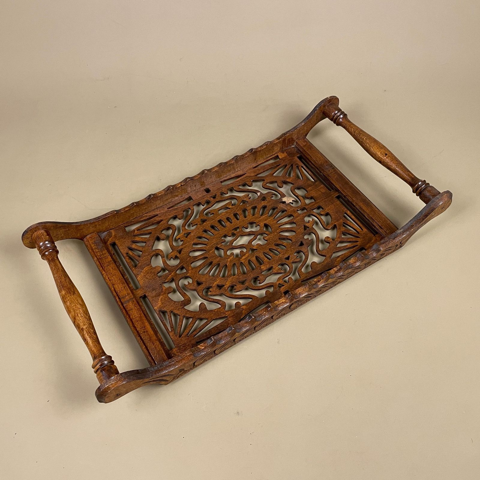 Antique Wooden Tray Rectangle Wood Hand Carved Handmade Carving Detail Handles Ornate Original Pattern Patterned Cut Out Sleigh Brown photo furniture