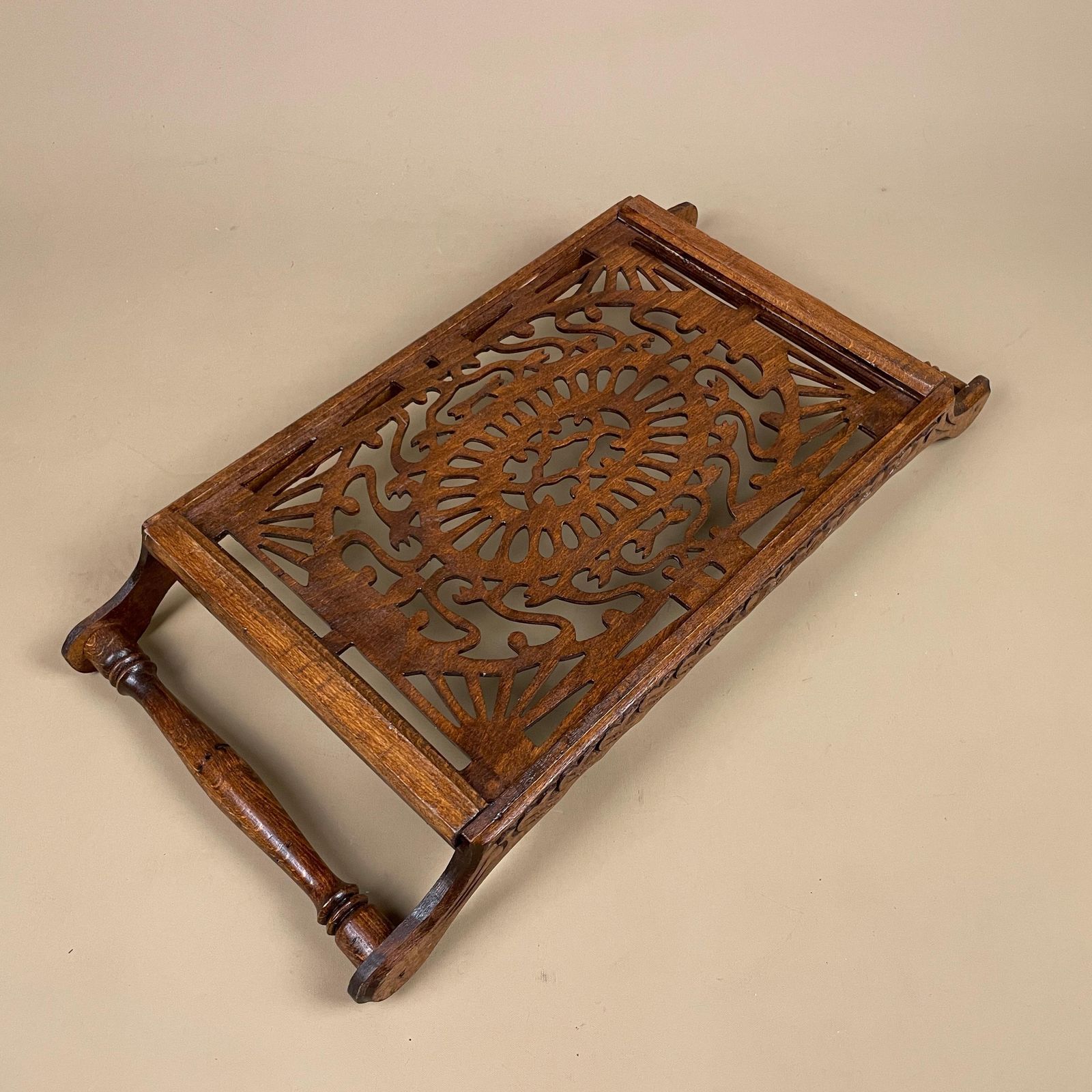 Antique Wooden Tray Rectangle Wood Hand Carved Handmade Carving Detail Handles Ornate Original Pattern Patterned Cut Out Sleigh Brown photo vintage
