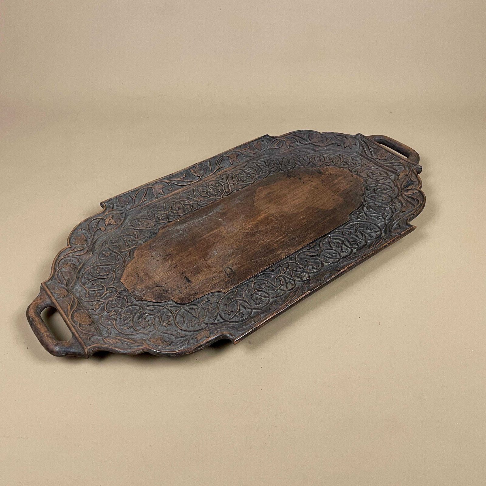 Antique Hand Carved Wooden Tray Floral Leaves Patterned Detail Ornate Oval Wood Original Pattern C.Early 1900's Handles Display Drinks photo furniture