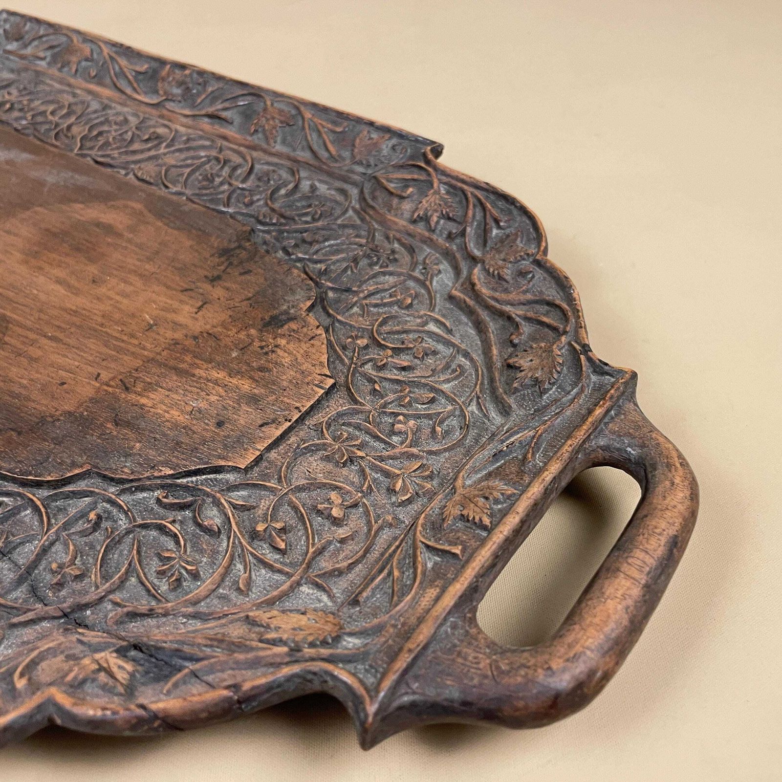 photo furniture Antique Hand Carved Wooden Tray Floral Leaves Patterned Detail Ornate Oval Wood Original Pattern C.Early 1900's Handles Display Drinks