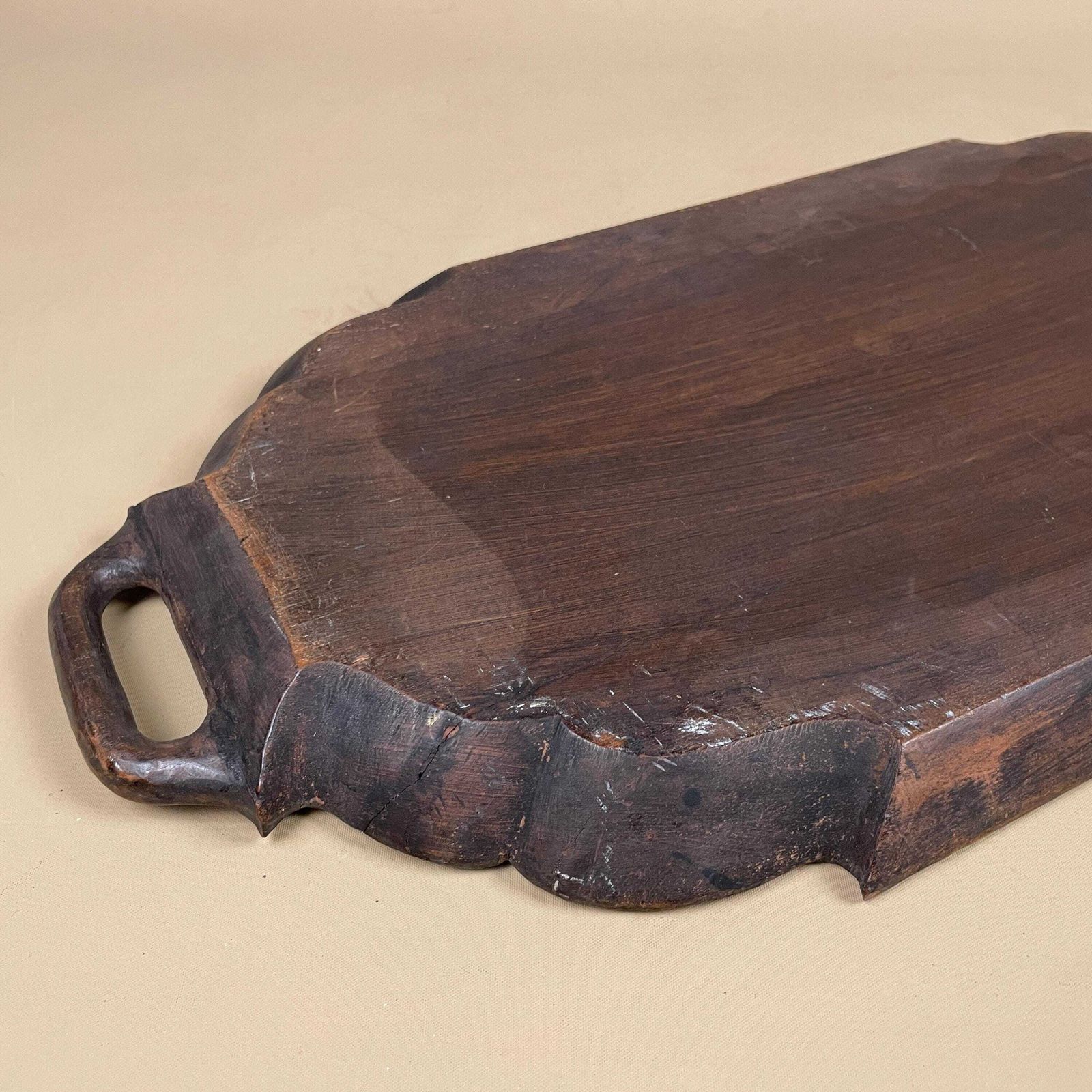 99.0 Antique Hand Carved Wooden Tray Floral Leaves Patterned Detail Ornate Oval Wood Original Pattern C.Early 1900's Handles Display Drinks photo