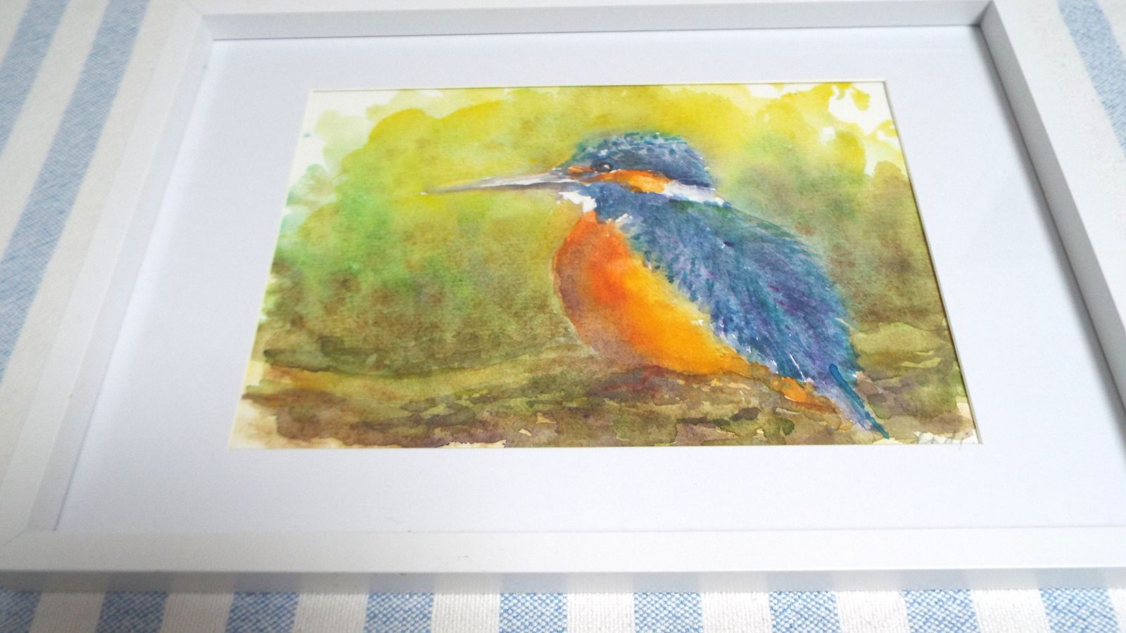 New Framed Original Watercolour Wildlife Painting Kingfisher Signed Andi J Lucas photo furniture