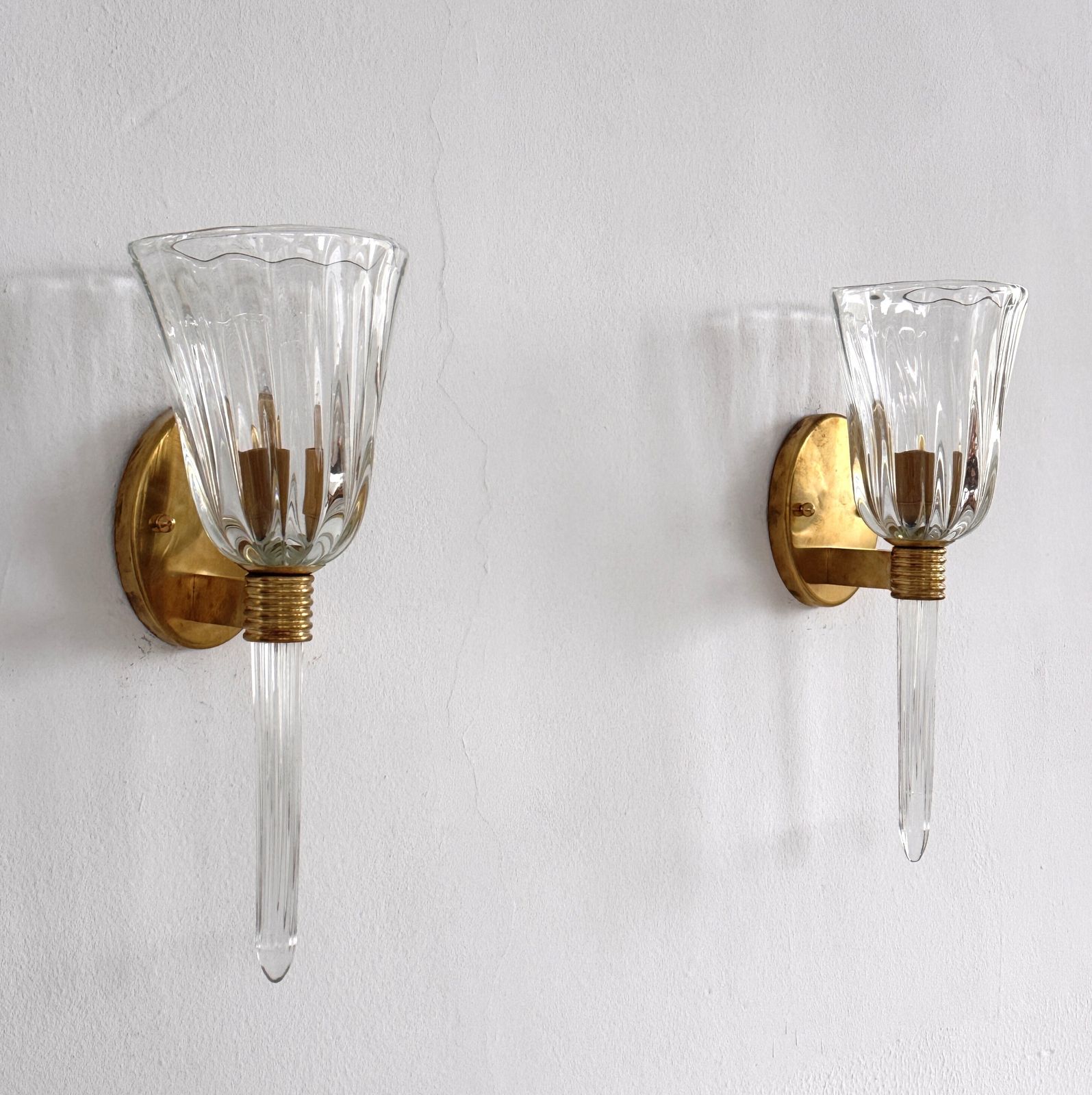 Italian Murano Crystal Glass And Brass Wall Sconces In The Art Deco Style photo vintage