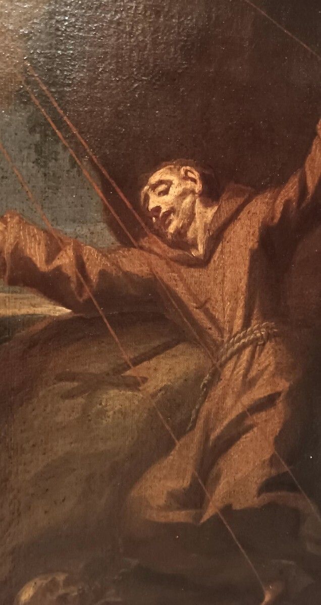 Antique Oil Painting On Canvas Depicting Saint Francis In Ecstasy photo vintage
