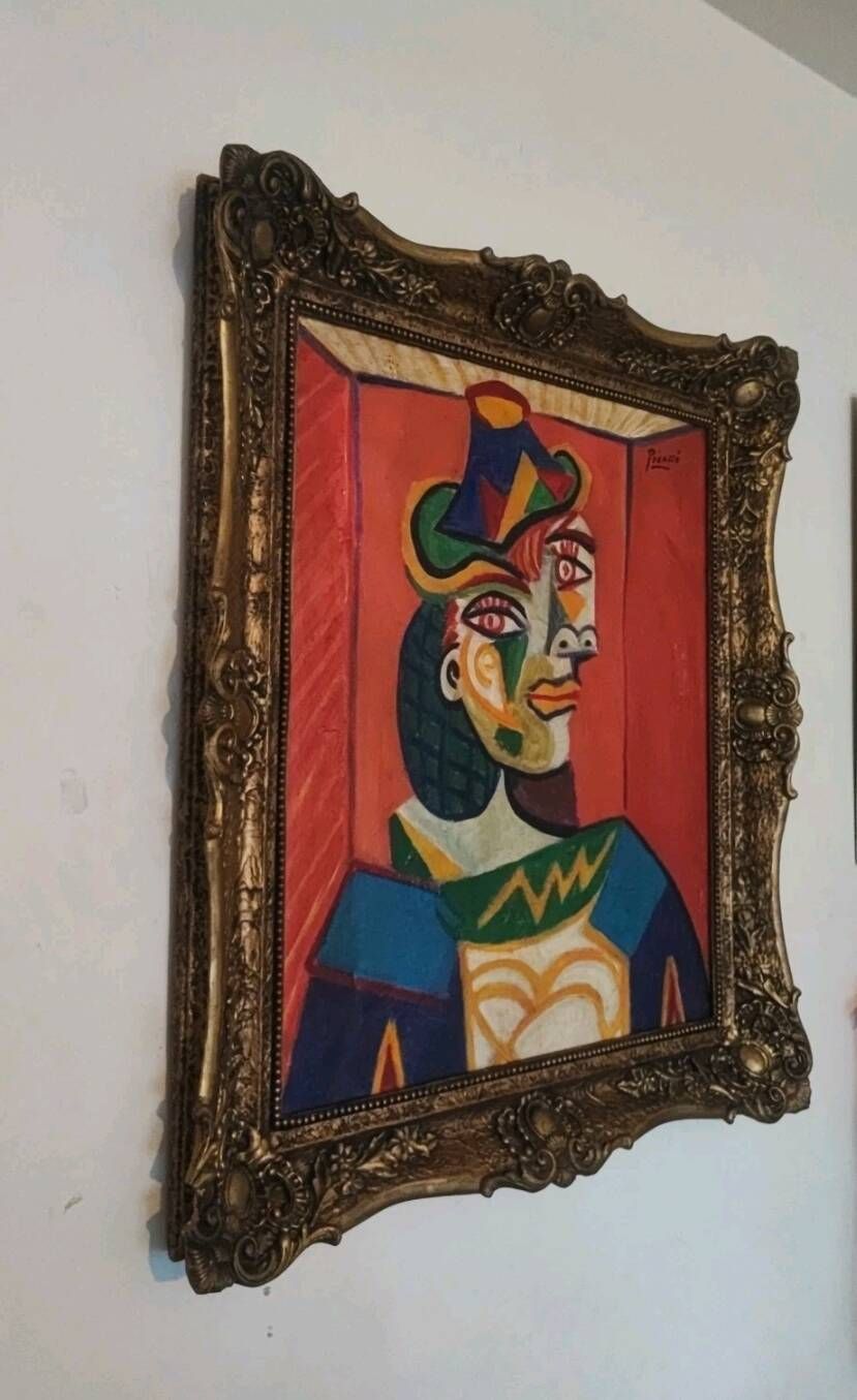 Vintage Cubist Portrait Of A Woman In A Hat, Oil On Canvas, Rue Picasso photo Art