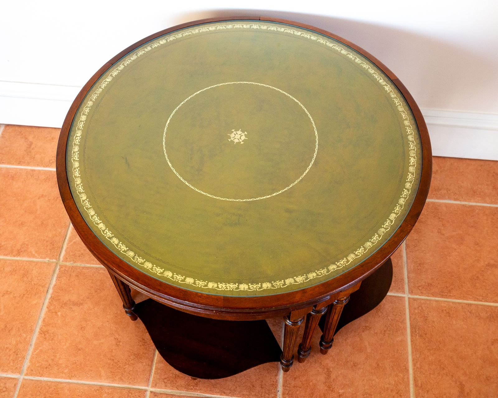 Campaign Style Leather Top Mahogany Nesting Centre Coffee Tables Glass Embossed Stencilled Leather Occasional Cocktail Tables Nest Of Tables Segmented photo furniture
