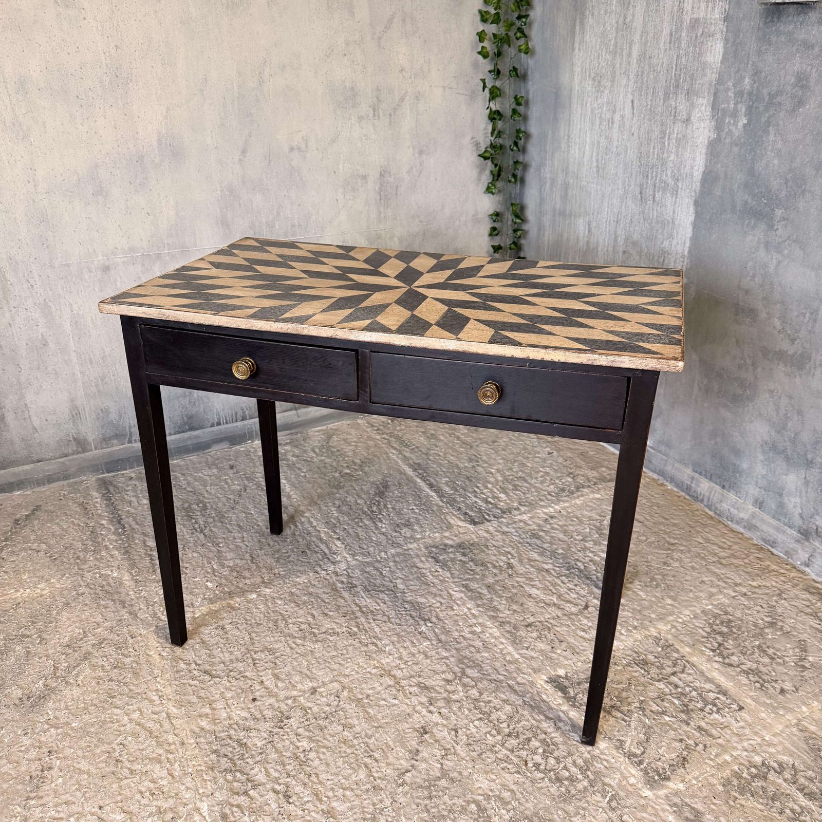 Late Georgian Side Table With Two Drawers And Hand Painted Geometric Top C.1820 photo furniture