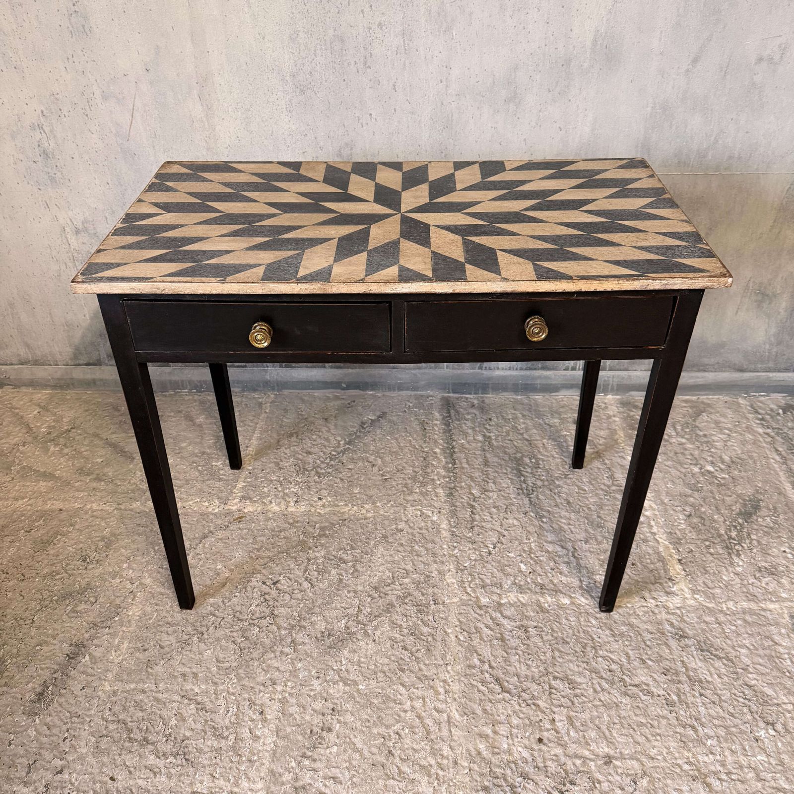 Late Georgian Side Table With Two Drawers And Hand Painted Geometric Top C.1820 photo for sale