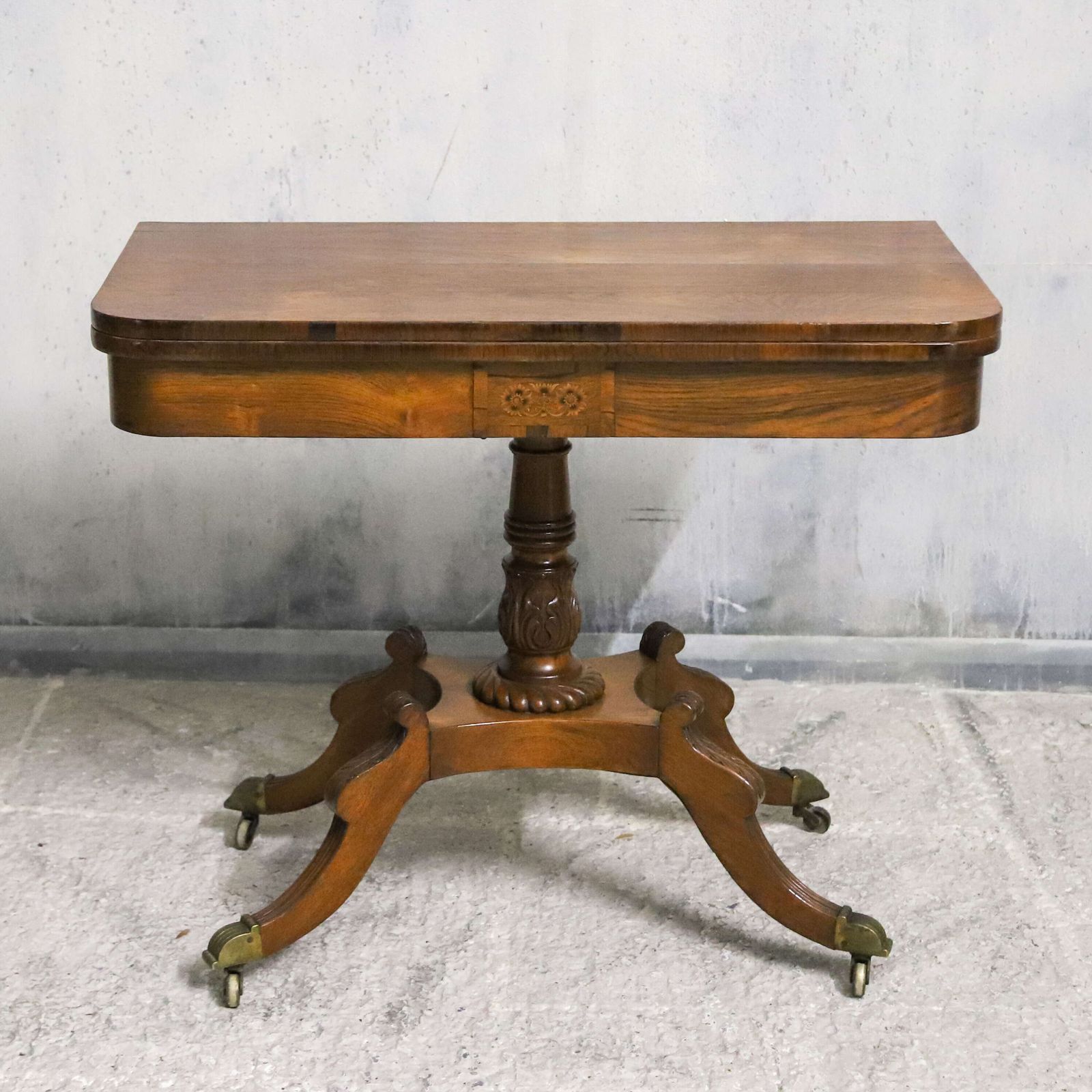 Regency Rosewood Tea Table With Fold Over Top And Original Brass Castors photo for sale
