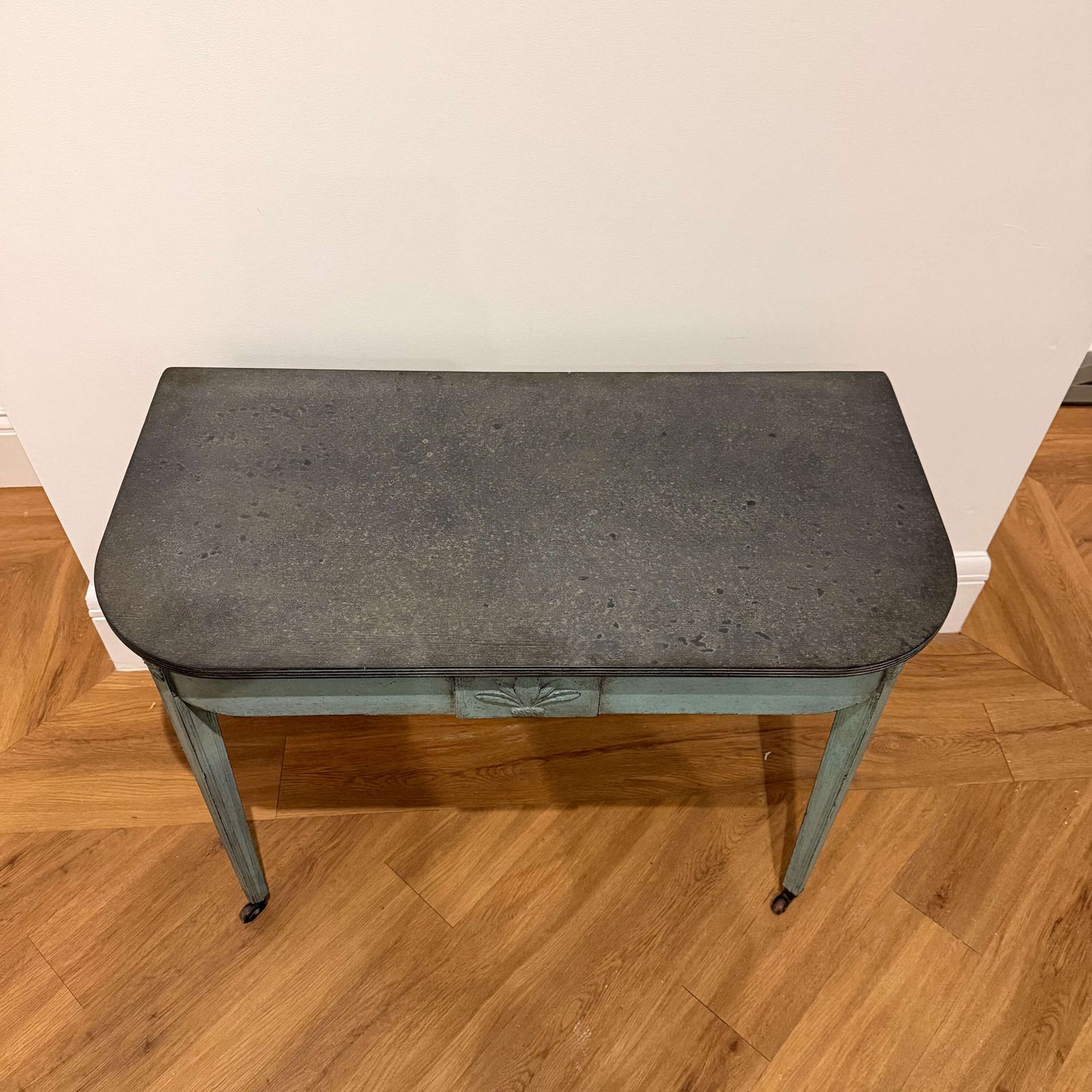 photo for sale Later Painted Neoclassical Console Table With Carved Crest And Tapered Legs