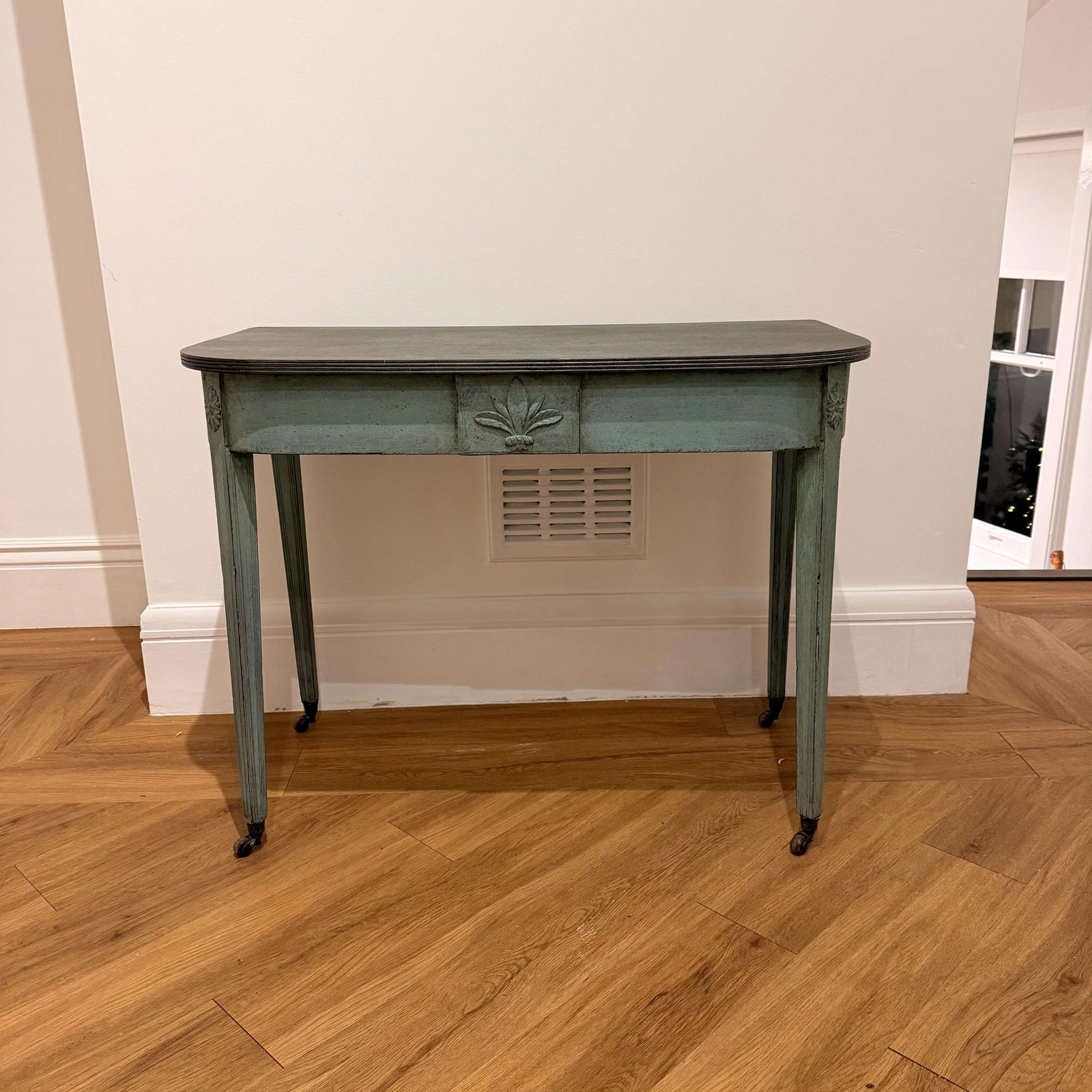 925.0 Later Painted Neoclassical Console Table With Carved Crest And Tapered Legs photo