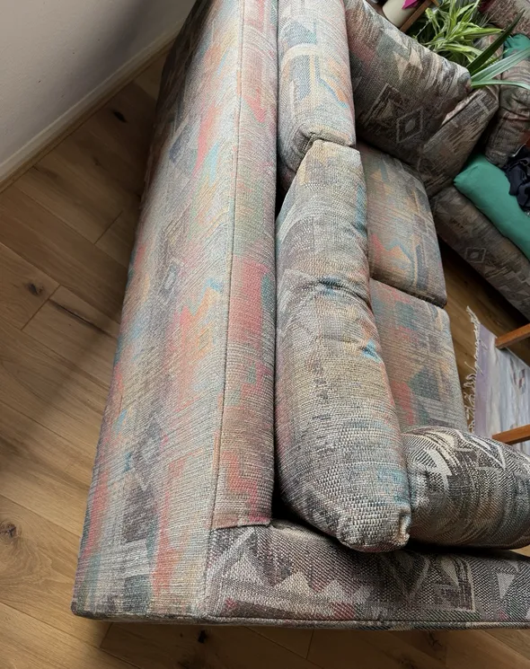 A Vintage Mid Century 3 Seater Sofa With An Aztec Geometric Design Jute Fabric. photo Furniture