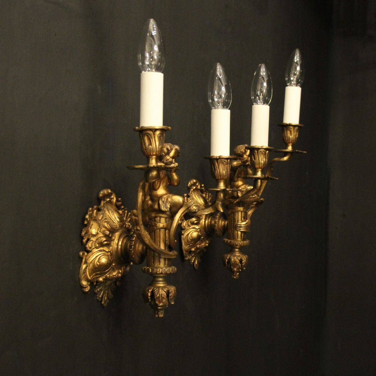French Pair Of Bronze Antique Wall Sconces photo vintage
