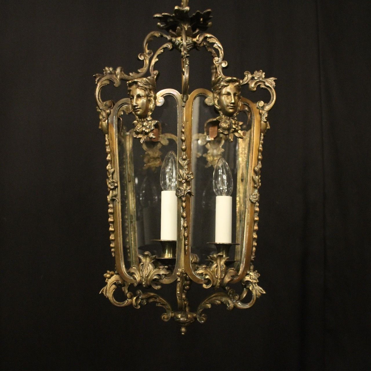 French Bronze Triple Light Hall Antique Lantern photo for sale