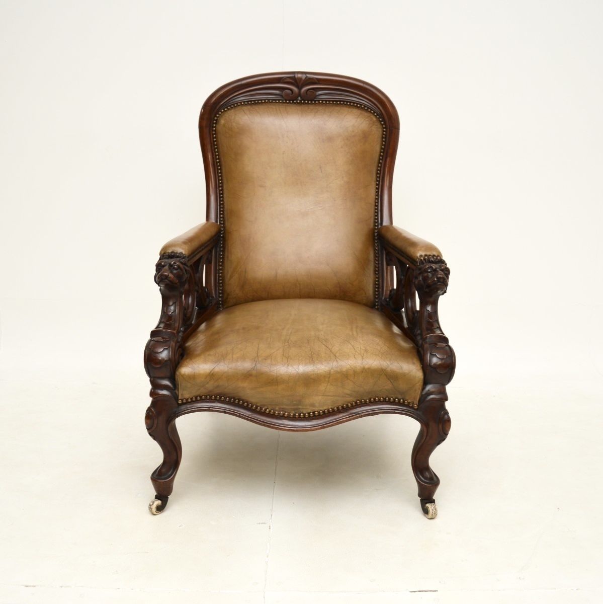 Antique Victorian Carved Mahogany And Leather Armchair photo for sale