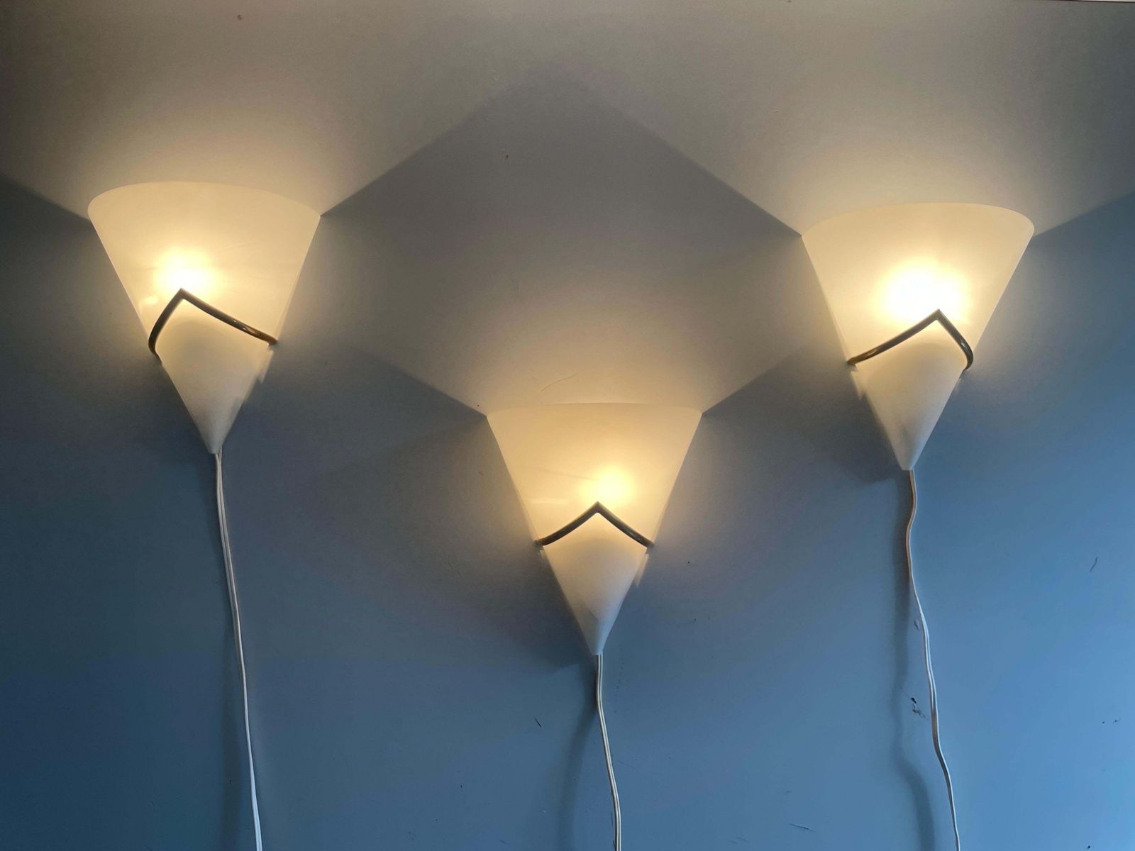 Lighting Mid Century Opal Glass And Brass Set Of Three Sconces, 1960s, Italy photo