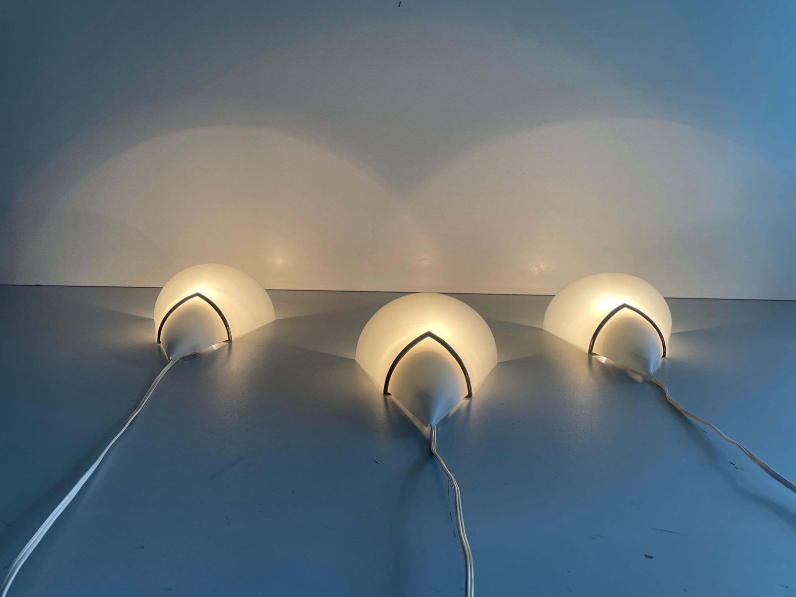 photo vintage Mid Century Opal Glass And Brass Set Of Three Sconces, 1960s, Italy