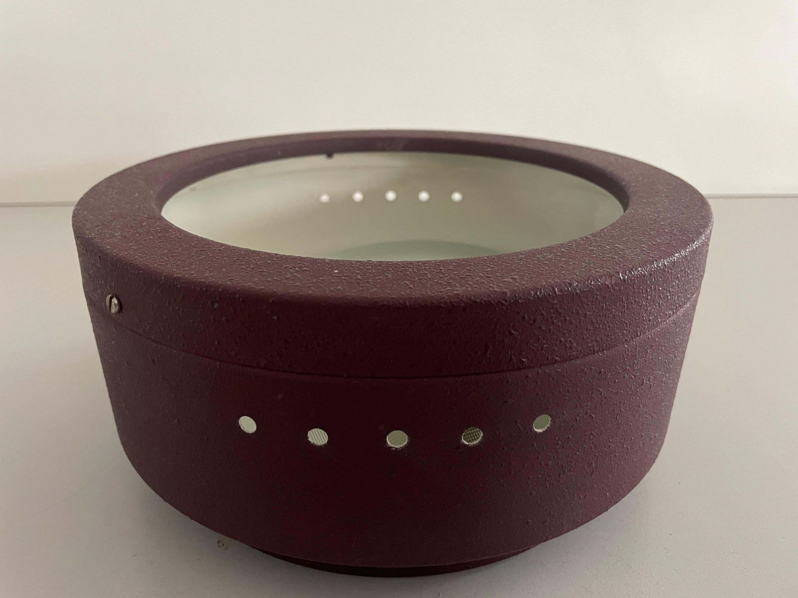 Round Glass And Purple Metal Flush Mount Ceiling Light By Luci, 1960s, Italy photo vintage