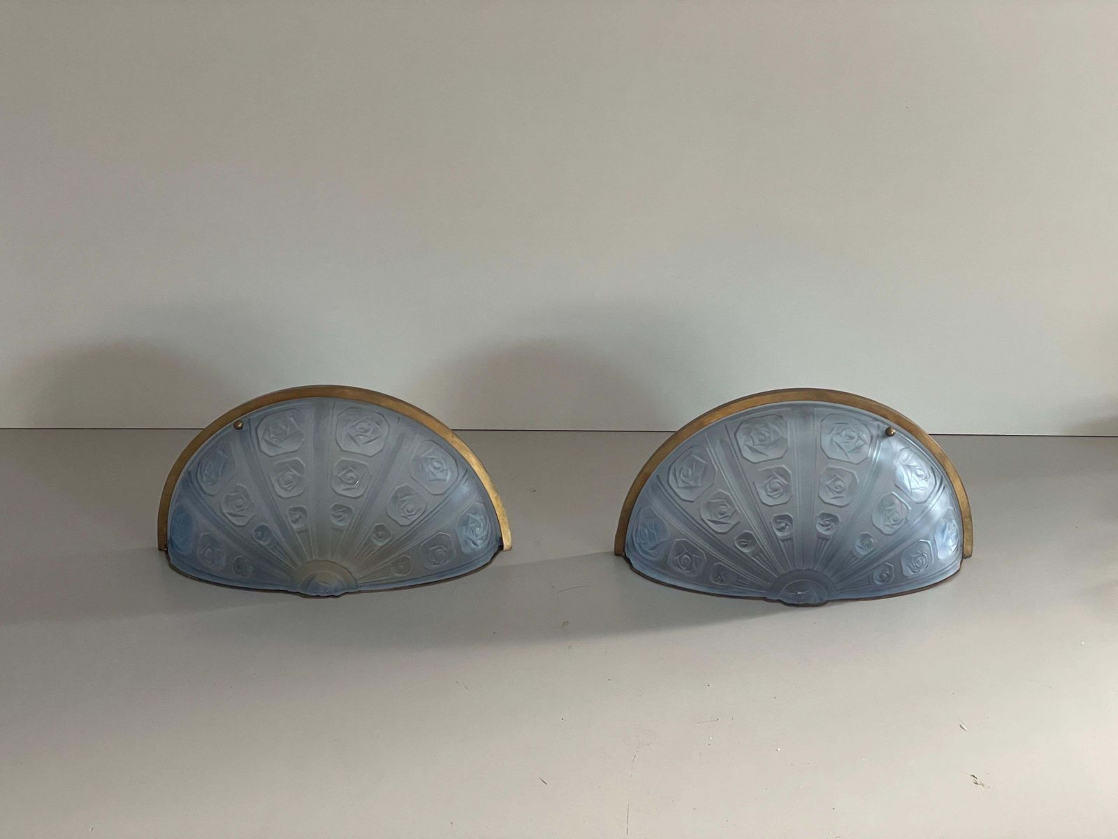 Blue French Glass And Brass Frame Pair Of Sconces, 1950s, France photo for sale