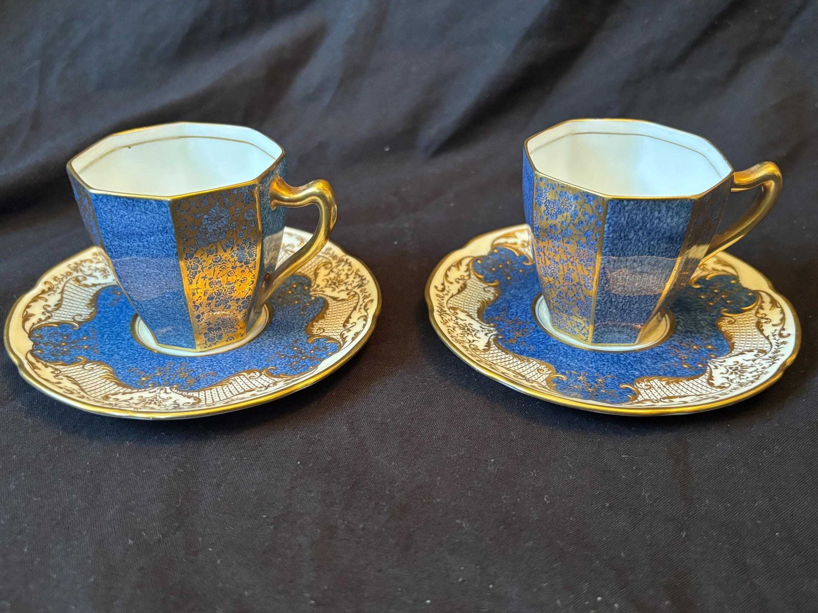 Royal Doulton Art Deco Hand Painted Demitasse Cups & Saucers Gilt Floral Pattern