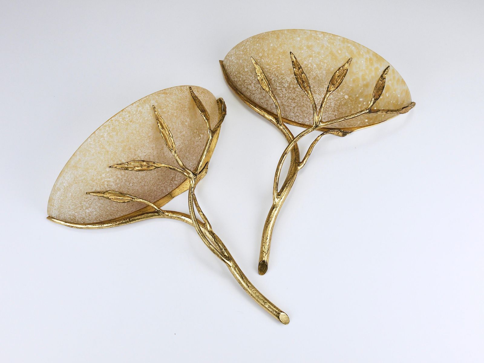 Lighting Banci Firenze Gilt Iron & Scavo Glass Floral Sconces, Wall Lights, Italy, 1970s photo
