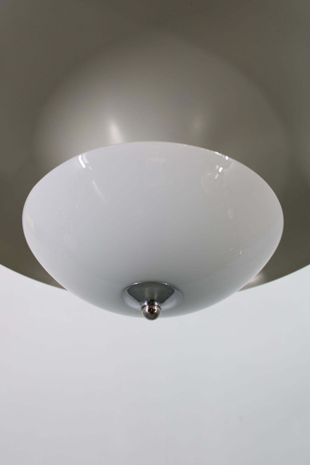 photo for sale Art Deco Chrome And Opaline Glass Chandelier By Napako, 1930s