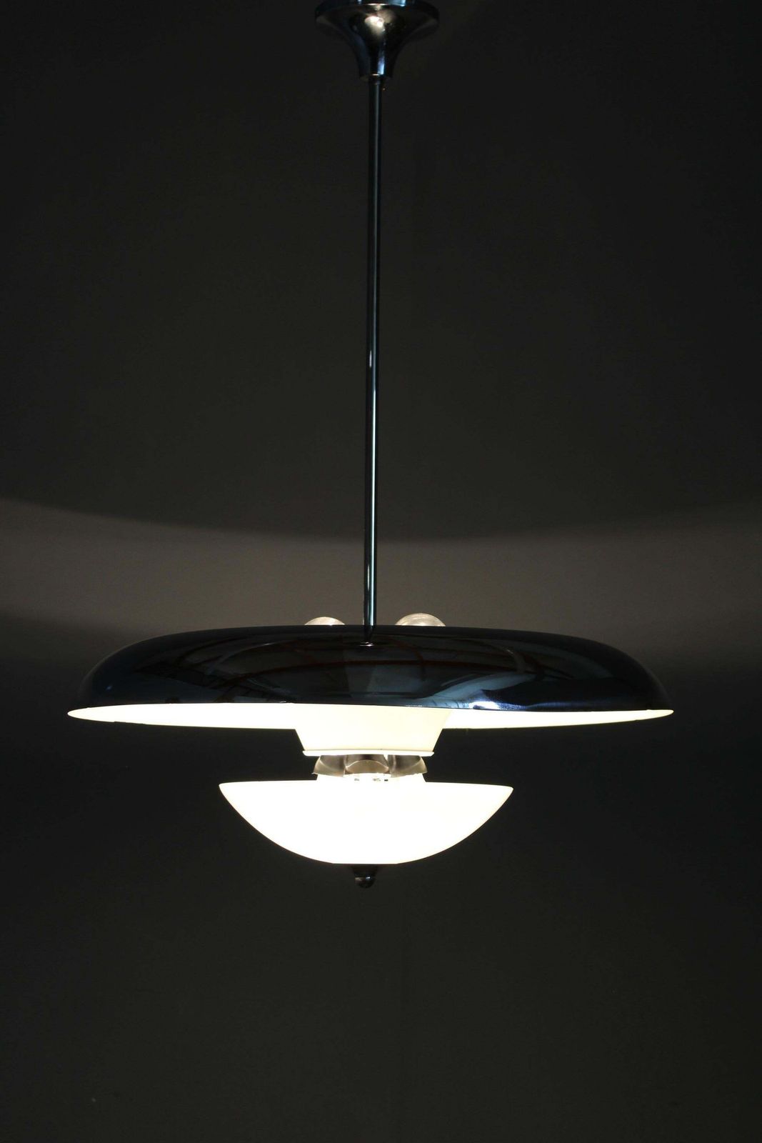 photo vinterior Art Deco Chrome And Opaline Glass Chandelier By Napako, 1930s