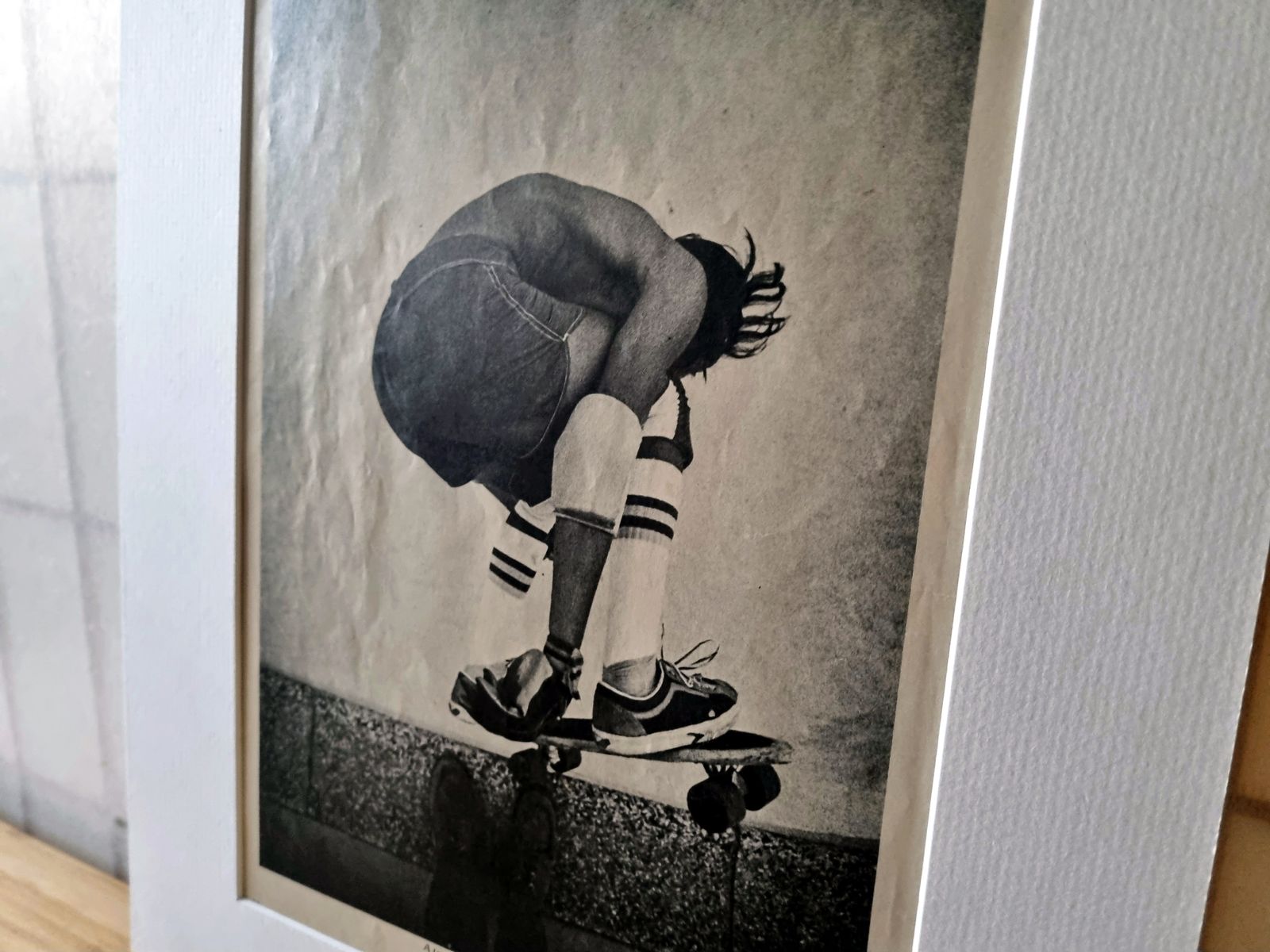 Skateboard Magazine Page Mounted, Jerry Valdez Toe Wheel Confrontation, Southern California Skate Photography, 1970s Black And White Image photo furniture