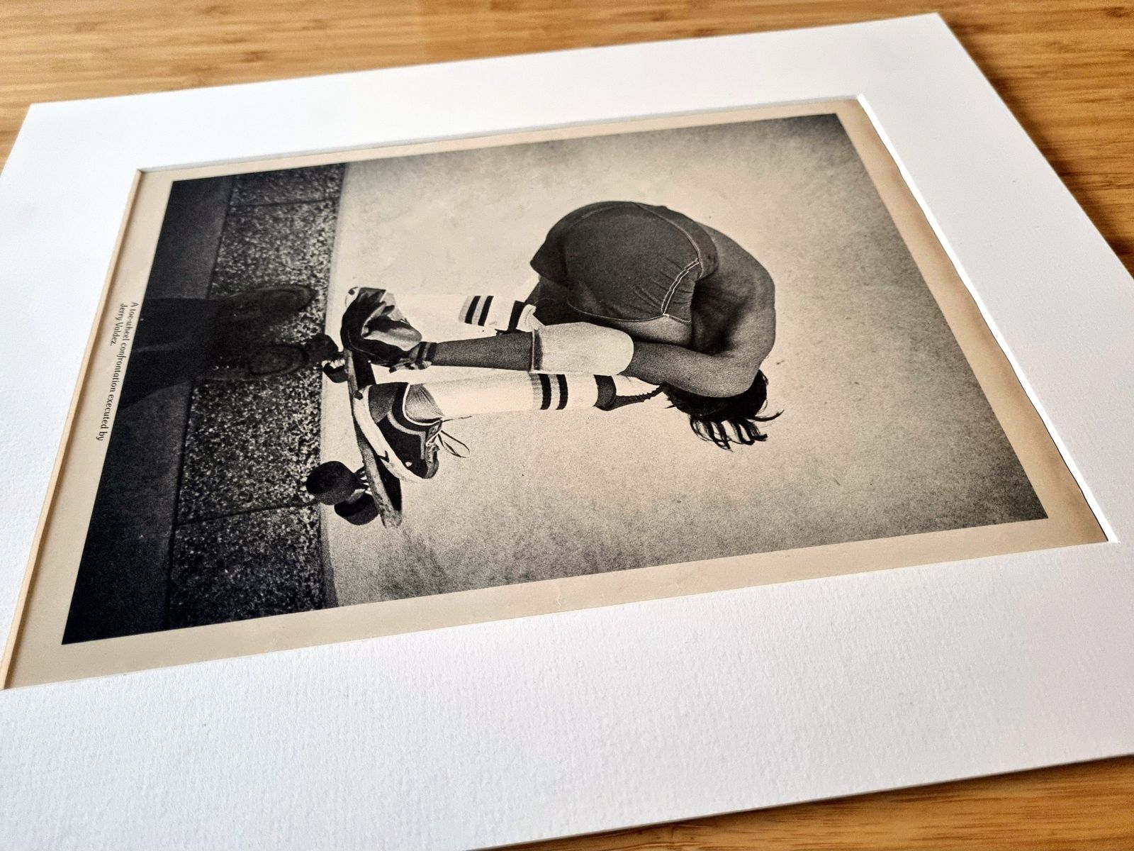 Skateboard Magazine Page Mounted, Jerry Valdez Toe Wheel Confrontation, Southern California Skate Photography, 1970s Black And White Image photo vinterior