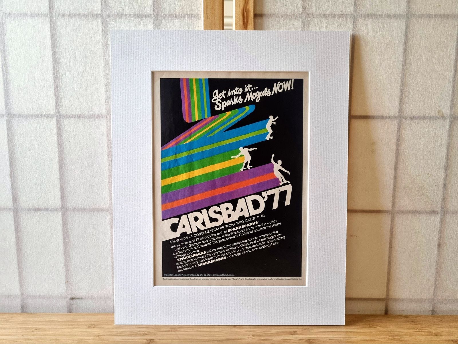 Skateboard Magazine Advertisement Mounted, Carlsbad 77 Sparks Skateboards, California Skate Culture Art, Retro 1970s Graphic Design