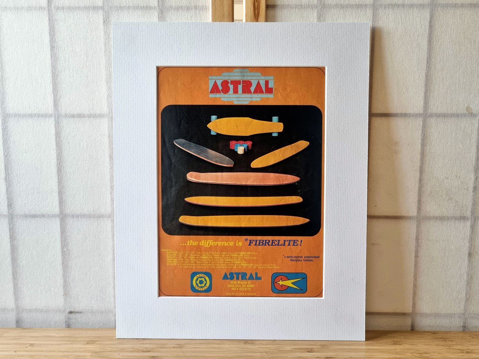 Skateboard Magazine Advertisement Mounted, Astral Fibrelite Deck, California Skate Art, 1970s Graphic Design, Retro Teen Bedroom Wall Decor