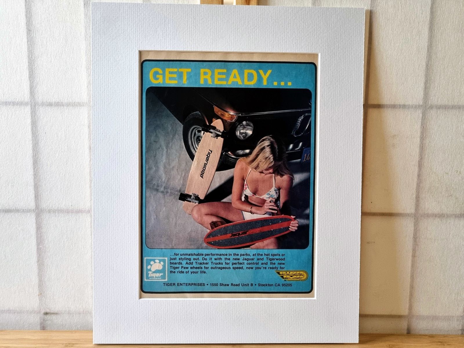 70s Bikini Shot Skate Lifestyle, Skateboard Magazine Advertisement Mounted, Tiger Enterprises Get Ready Graphic, California Youth Style