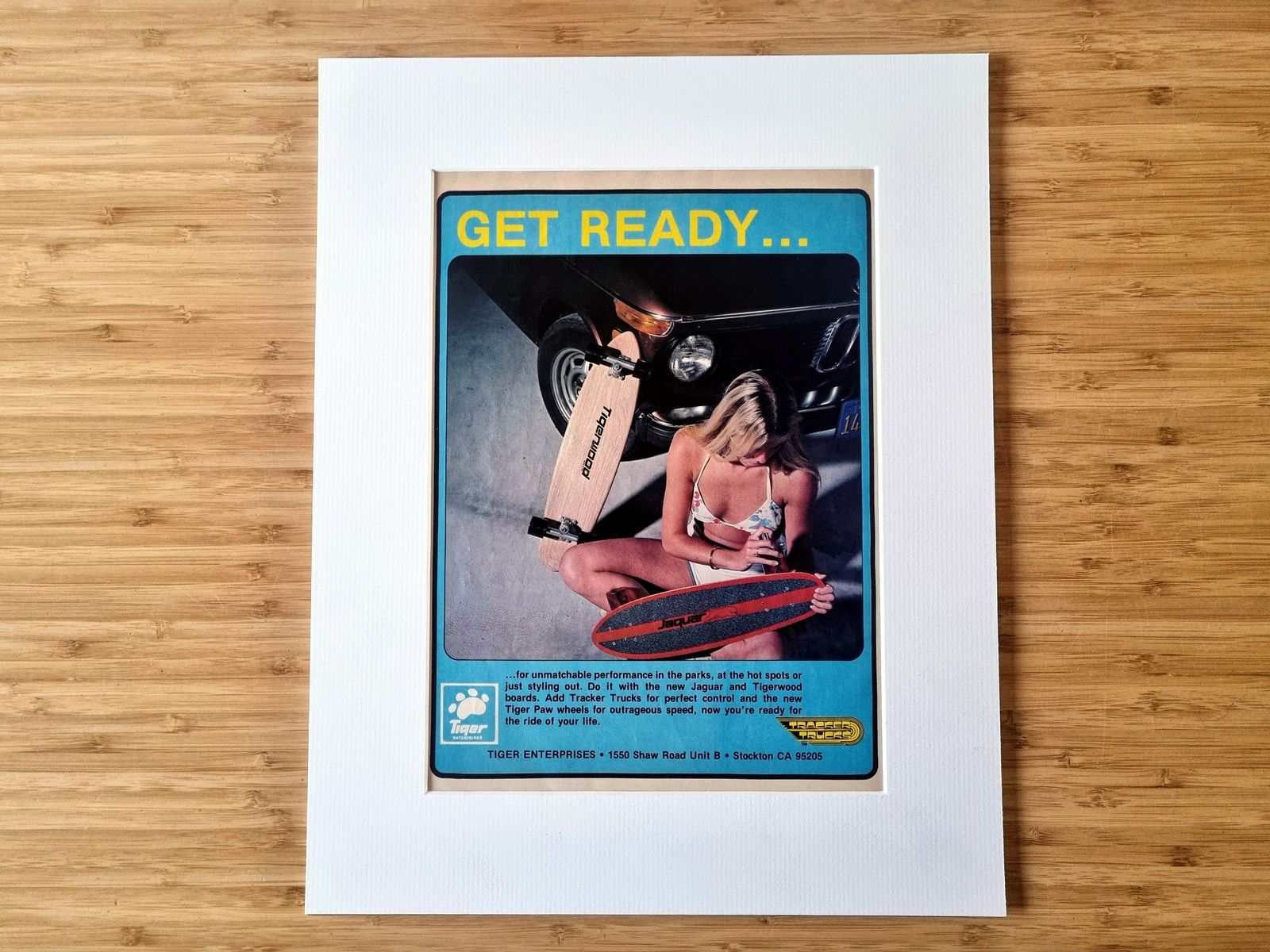 70s Bikini Shot Skate Lifestyle, Skateboard Magazine Advertisement Mounted, Tiger Enterprises Get Ready Graphic, California Youth Style photo Art